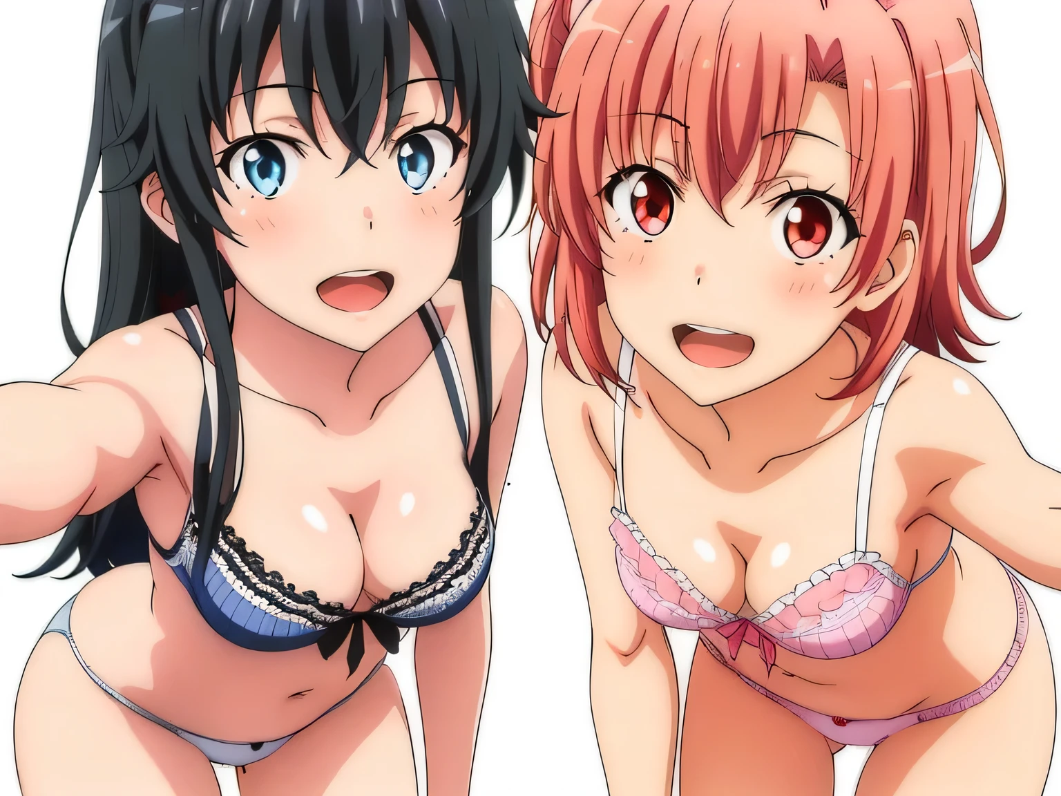 2 girls , Yukinoshita Yukino , yuigahama yui'the bust is amazing,pin up,In underwear,Please bring your face closer to the camera,(white panties:1.0),(red ribbon on panties),(pink panties),pussy cameltoe,thighs,cowboy shot,high angle,beautiful eyes,open mouth smile,look at the camera,camera up to head