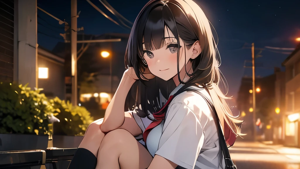 18 year old female、sitting near a telephone pole、chest is big、high school girl、Sarah uniform、night