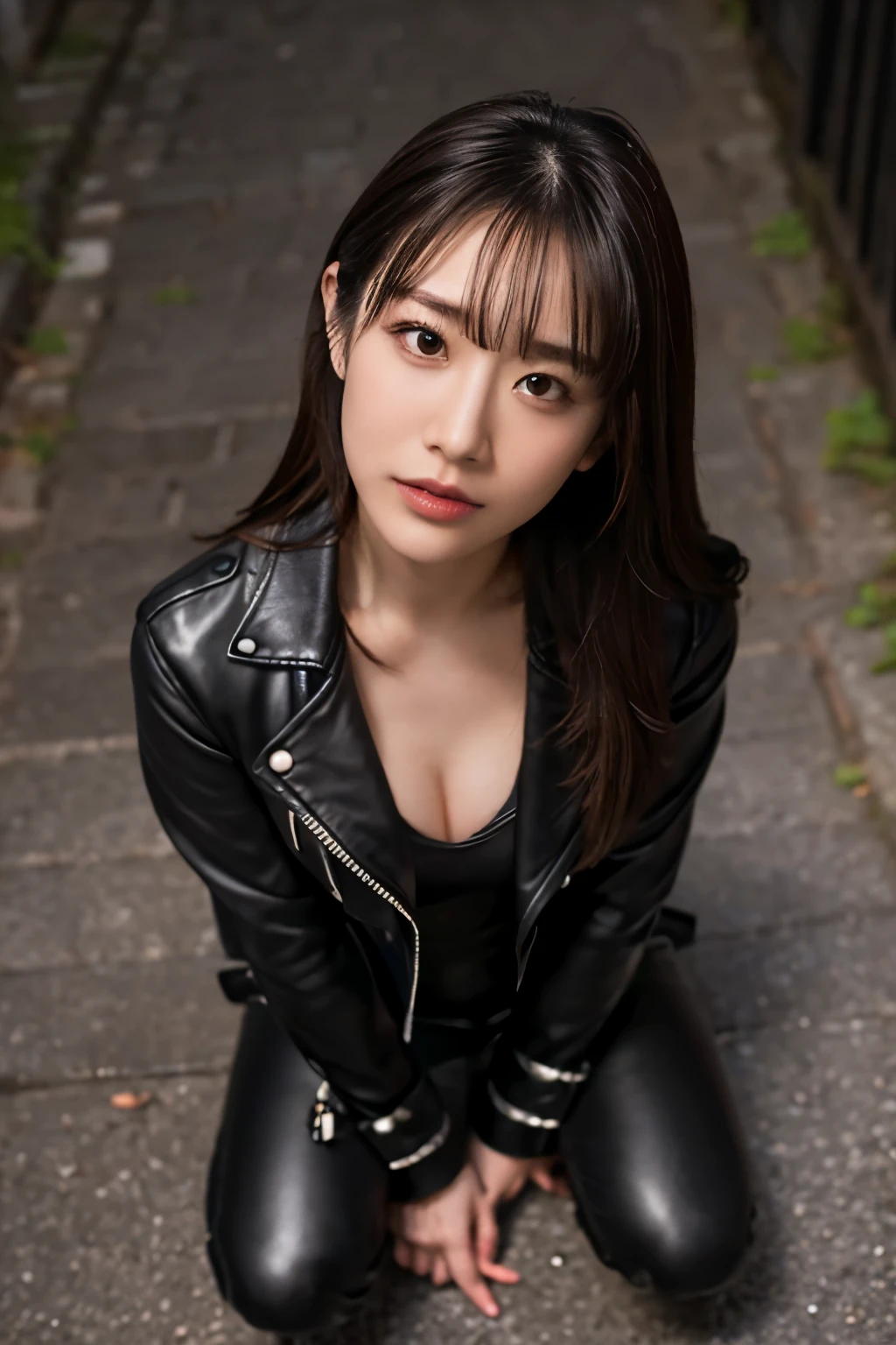 masterpiece, Best Quality, Illustration, Ultra-detailed, finely detail, high resolution, 8K Wallpaper, Perfect dynamic composition, ((face close up:1.3, from above, kneeling, lookin up at viewer)), at an alleyway at night, Beautiful detailed eyes , (wearing leather jacket, , leather pants, color base on black) 8K, Raw photography, top-quality, Realistic