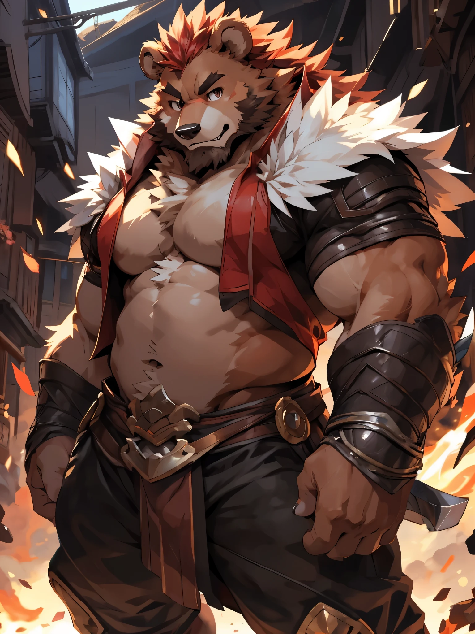 half body shot,looking at viewer, (best quality), (masterpiece), (ultra detailed),(detailed eyes),sharp focus,japanese anime,manga,(droopy eyes),anthro male brown bear,huge body,(beefy),(big fellow),tall,wide shoulder width,medium belly,(dark brown beard),Dark brown eyebrows,short red mane,long pants,swordman,large thigh,(dynamic action),by null-ghost,by KulPlant,by pino daeni