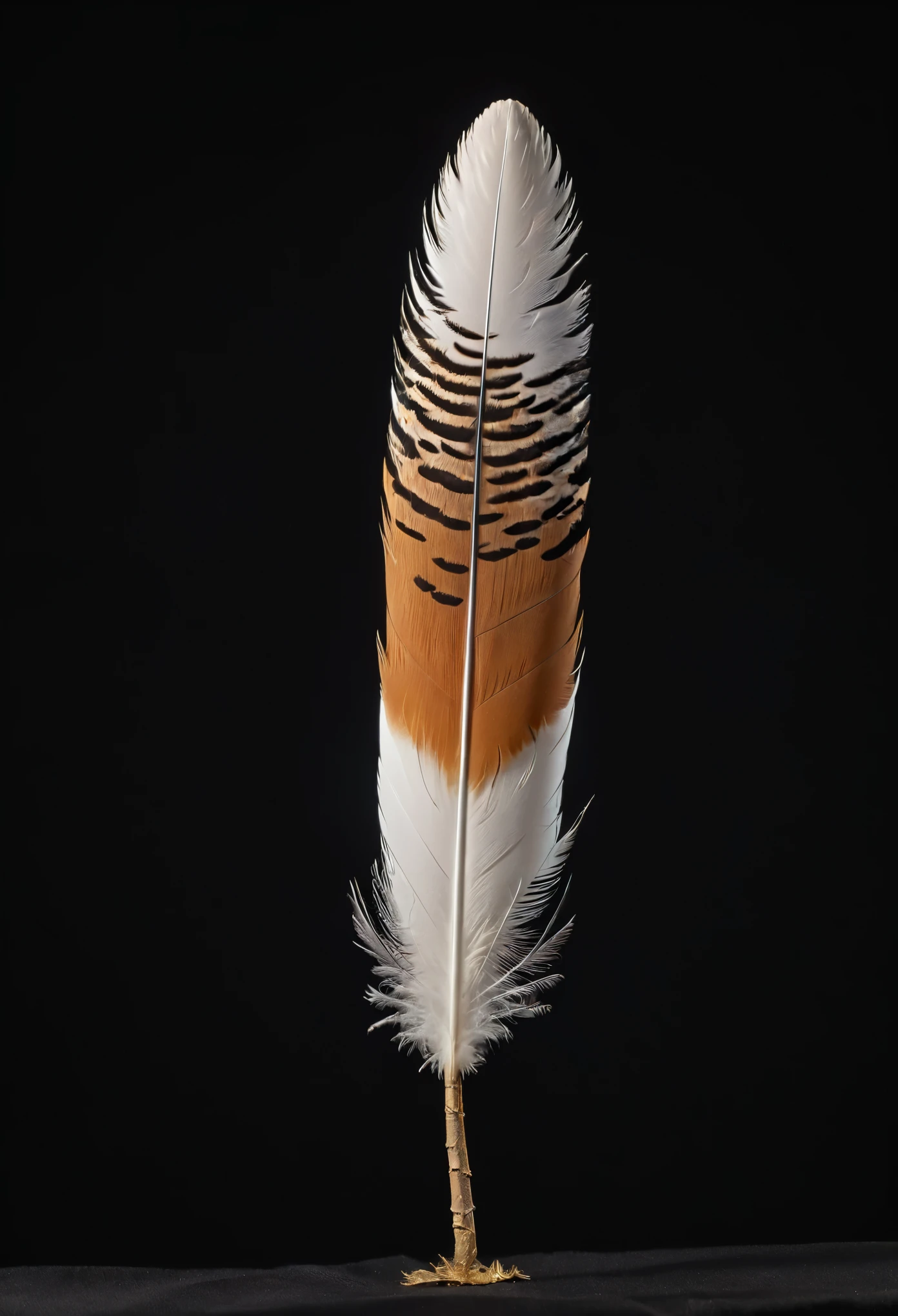 (Great Bustard), horizon view of a real life Great Bustard feather, full view feather, (best quality, masterpiece, 8k) (Black background)
