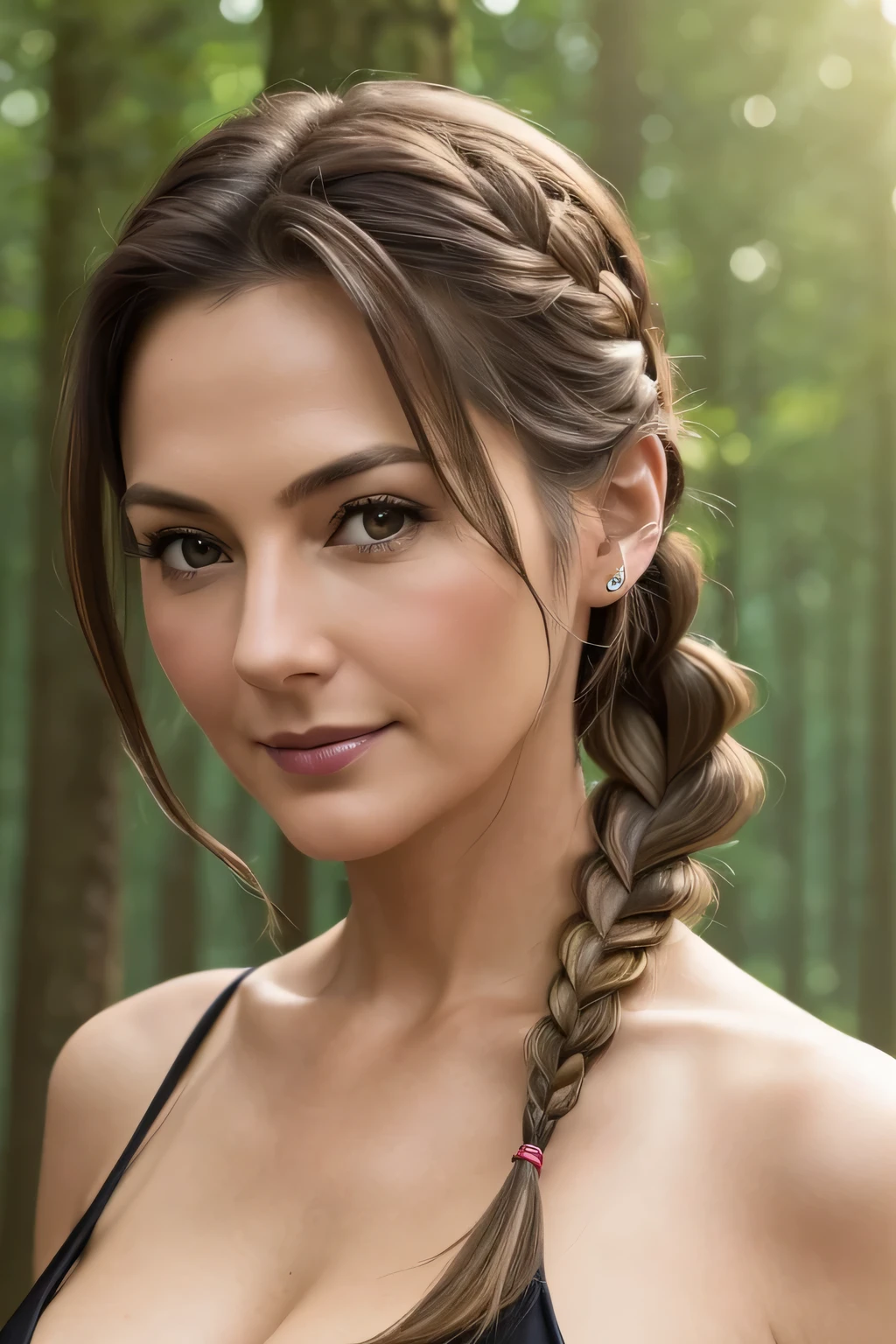 最high quality,masterpiece, German woman in her 40s1名, alone, model shoot, wonderful, arena, (((I wore it))), View Users, smile, blush, hairpin,(( Braid)), hair ornaments, ((hair clip)), detailed face、masterpiece, 最high quality, high quality, High resolution、party dress,(in the forest), ((German woman in her 40s)), sexy、portrait、big breasts、(costume_random)、(((close up of face)))