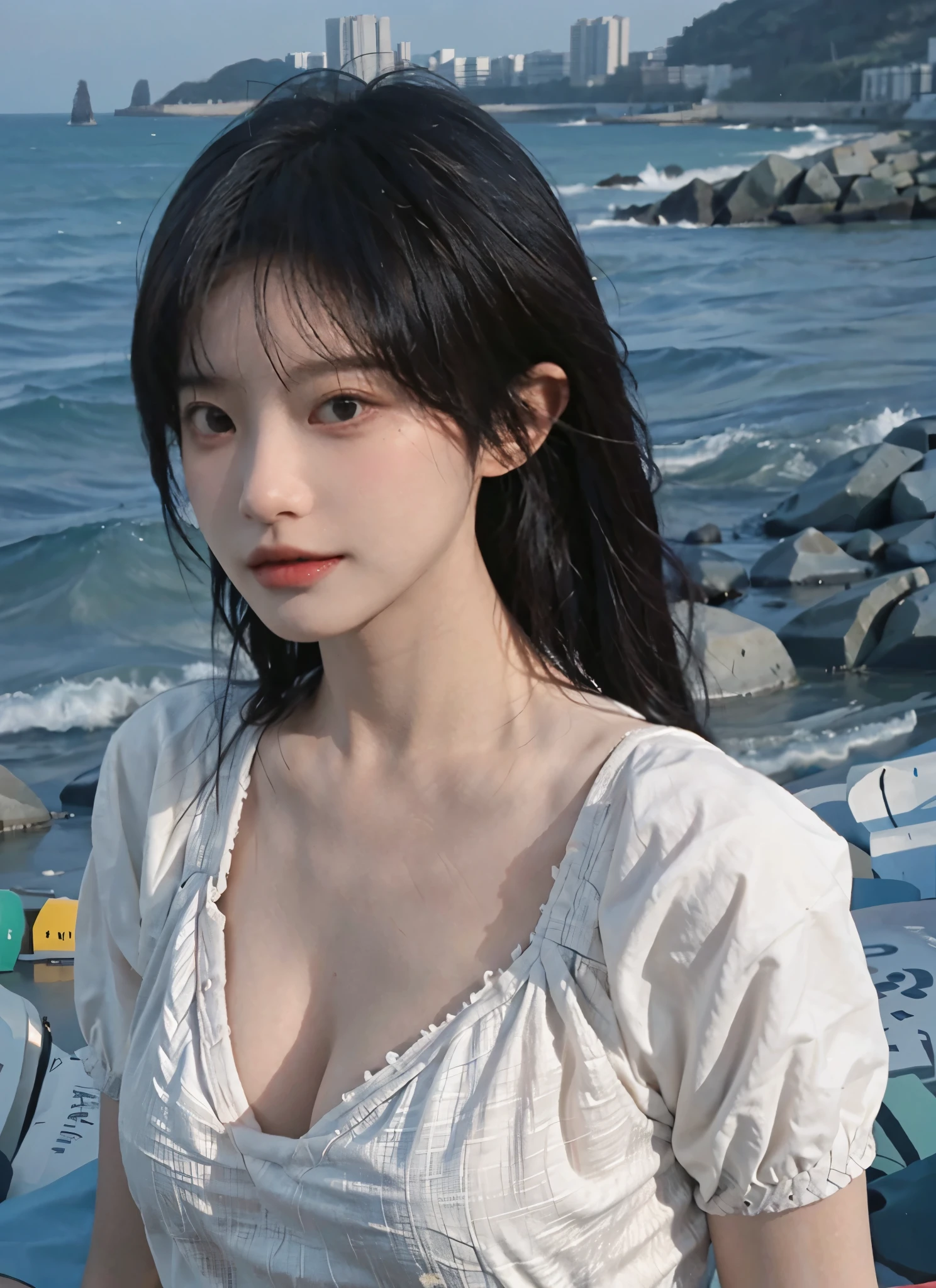 best quality，masterpiece，ultra high resolution，（realistically：1.4），1 girl，Raised sexy，（shirt：1.2），（bra：1.2），（Big cleavage：1.3），（upper part of body：1.4），seaside beach，afternoon