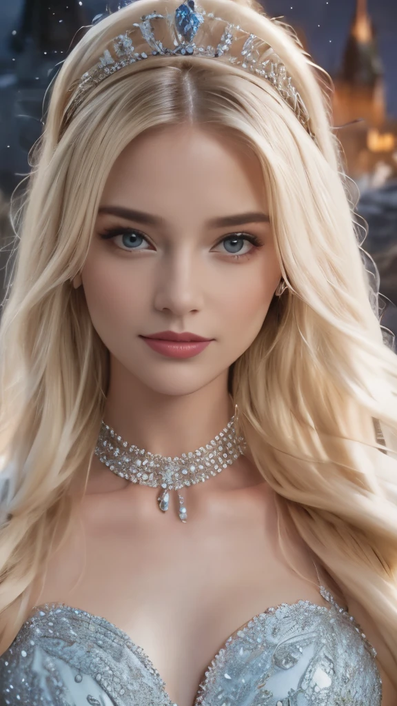 blonde with tiara, castle background, Luxurious dress, neck jewelry