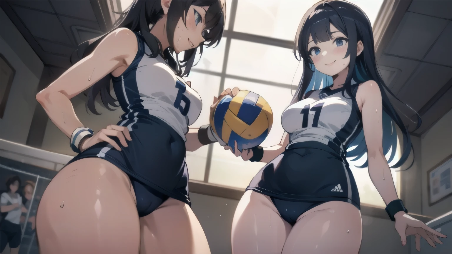 unity 8k wallpaper, anatomically correct, (((masterpiece))), (((best quality))), (((ultra detailed))), (((high-resolution))), ((super fine illustration)), ((Ultimate cutie)), ((detailed beautiful face)), perfect hands, perfect finger, (((good anatomy))), BREAK, multiple girls, lovingly gaze, harem, group picture, , (potbelly), (Curve), medium breasts, ((thick thighs)), Shiny hair, (((coquettish smile))), (((blush))), BREAK, Adidas, Sleeveless collared Volleyball Uniforms, ((wristbands)), BREAK, (Hold the beautiful spherical 6-inch volleyball), ((Sweat)), (perspired), (Heavy breathing), in gymnasium, in volleyball court, depth of field, strong light, cowboy shot,,