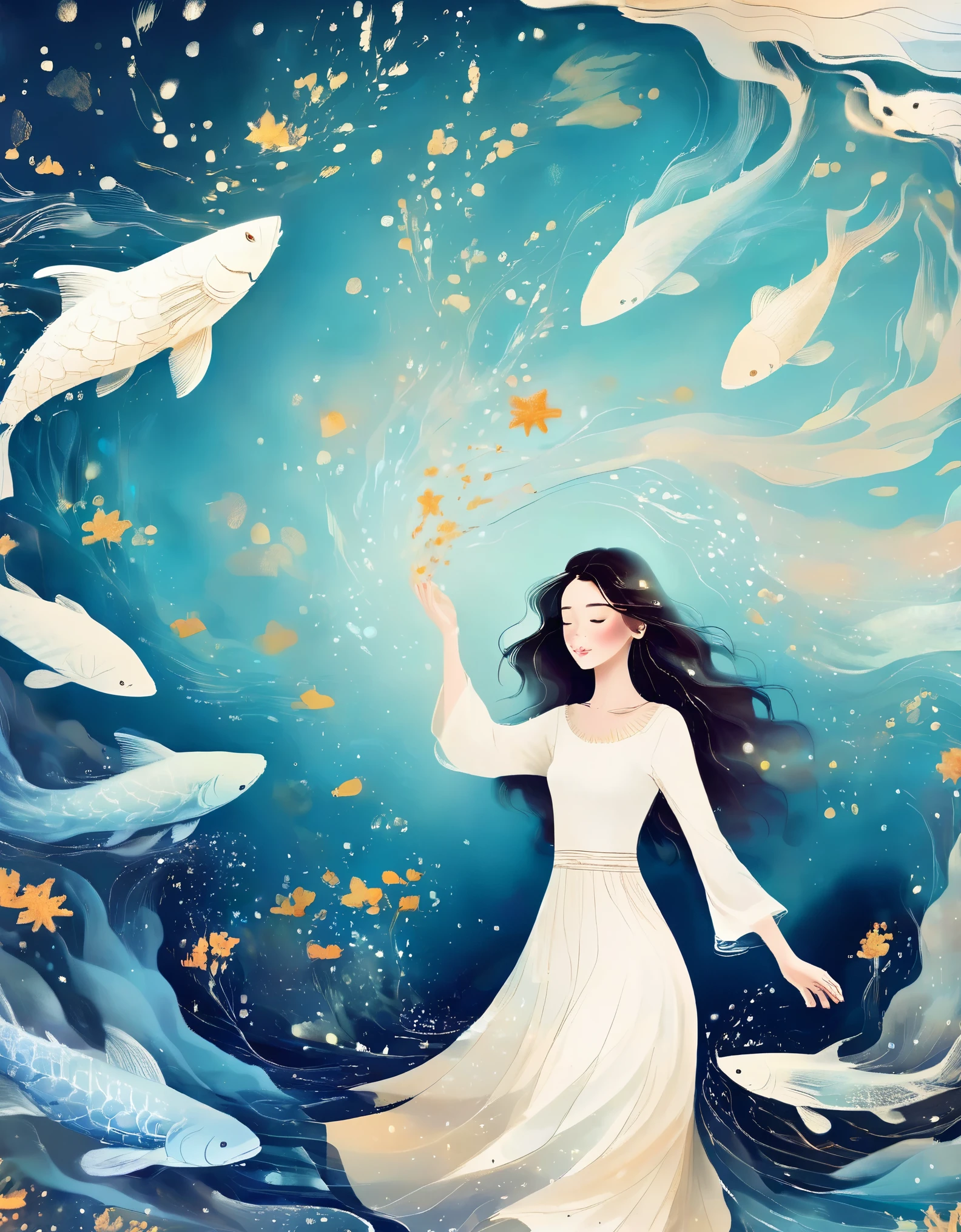 A girl wearing a white dress lay calmly in the blue sea with her eyes closed. The water was shimmering with blue waves. Her skin is sparkling white, with small fish, starfish, illustration art, Ophelia, Instagram style, young and beautiful Chinese female models, Kawaguchi skating rink style, ventilation, Mercury, natural light, data visualization design style, and beautiful details