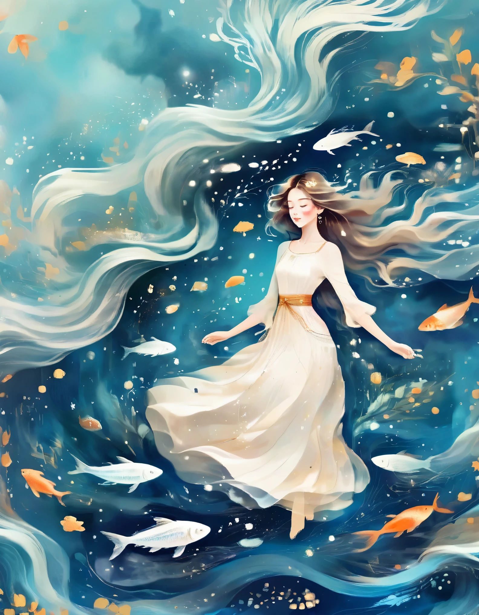 A girl wearing a white dress lay calmly in the blue sea with her eyes closed. The water was shimmering with blue waves. Her skin is sparkling white, with small fish, starfish, illustration art, Ophelia, Instagram style, young and beautiful Chinese female models, Kawaguchi skating rink style, ventilation, Mercury, natural light, data visualization design style, and beautiful details