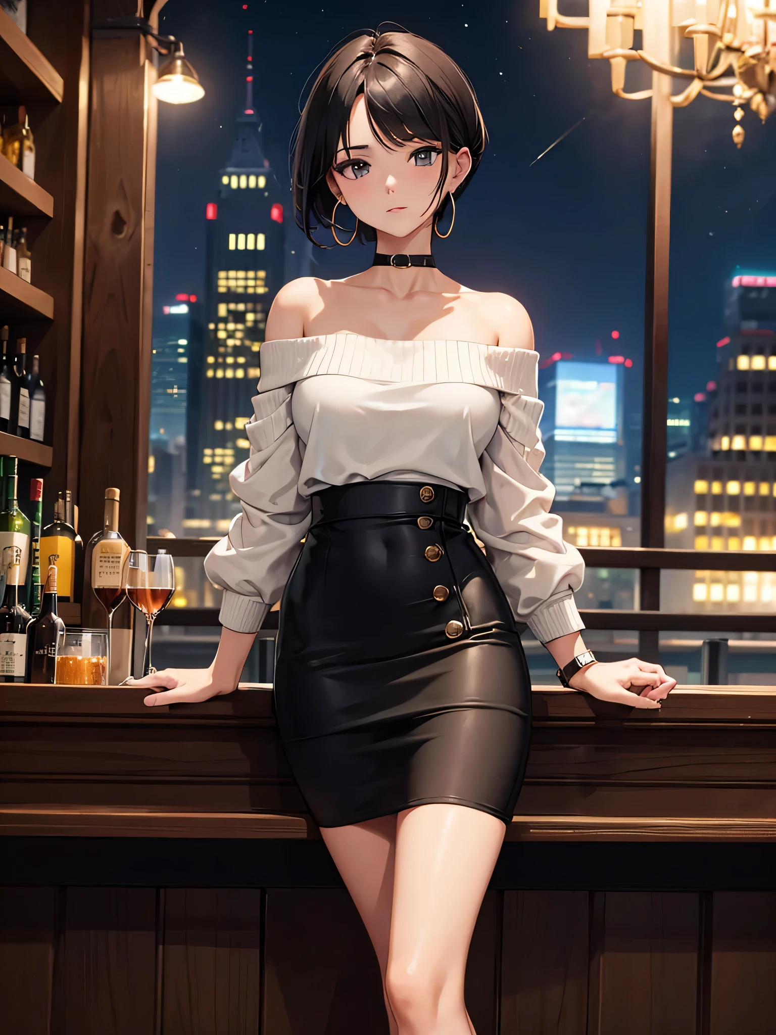 masterpiece, highest quality, High resolution,st1, short hair, hoop earrings, black skirt, clock, off shoulder sweater, pencil skirt, clavicle,cowboy shot, (standing 3 meters away),((Night BAR))