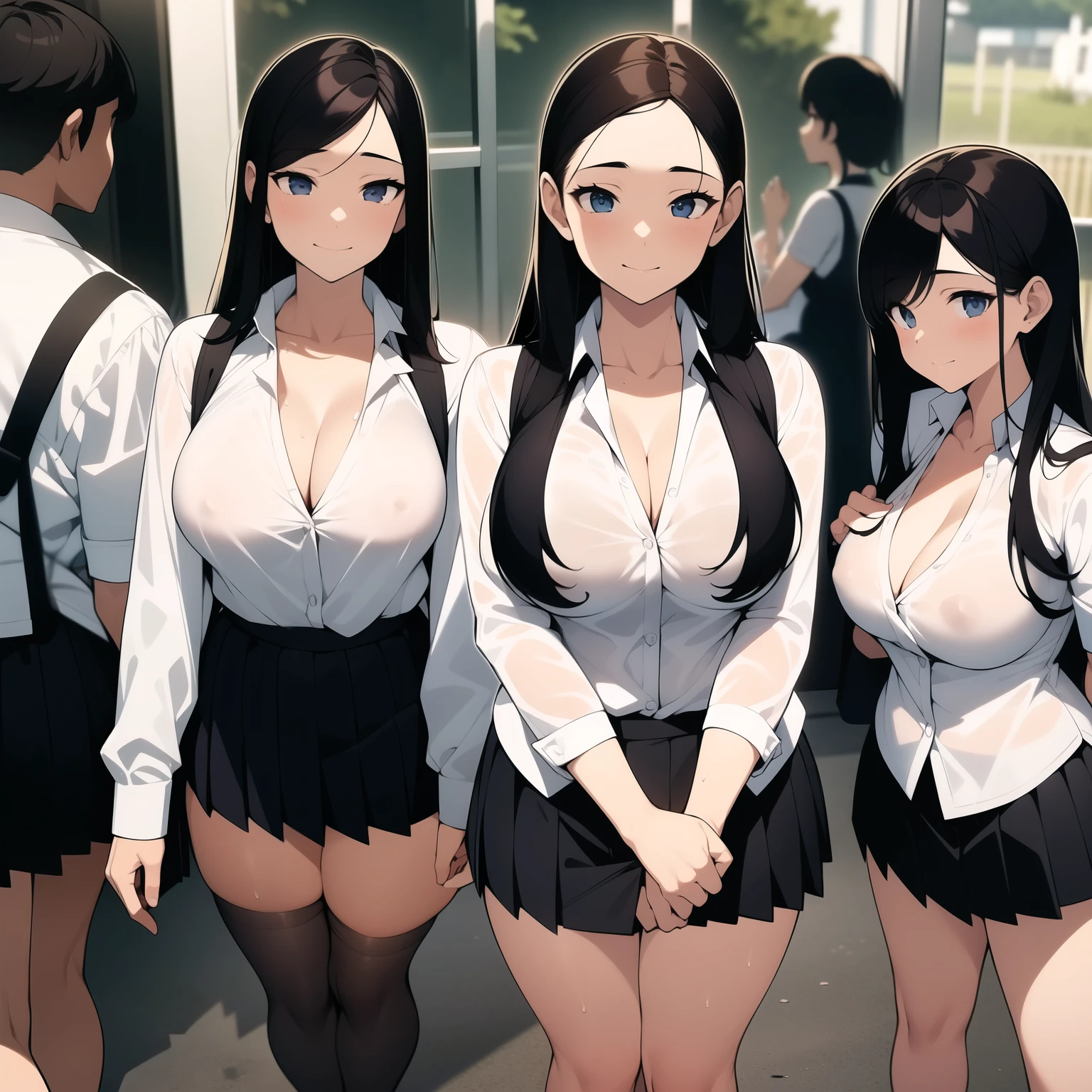 Three female students lined up in a row、big breasts、cleavage、chest comes out、daytime park、mini skirt、thighs thighs thighs、navy pleated skirt、The short sleeve shirt is transparent、Sweat、sexy、adultery、despicable(highest quality,4k,8k,High resolution,masterpiece:1.2),Super detailed,(realistic,photorealistic,photo-realistic:1.37),three students standing in a row,black haired,big breasts,cleavage exposed,Park Forest,mini skirt,thighs,navy pleated skirt,short sleeve shirt,sexy,Fallen,sensual,concept art,shadows and highlights,reflection,Pay attention to facial features,expressive eyes,atmospheric ambience.girls who love dick、conversion、classmate、erect nipples、In love、love affair、pure love、lure、excited
