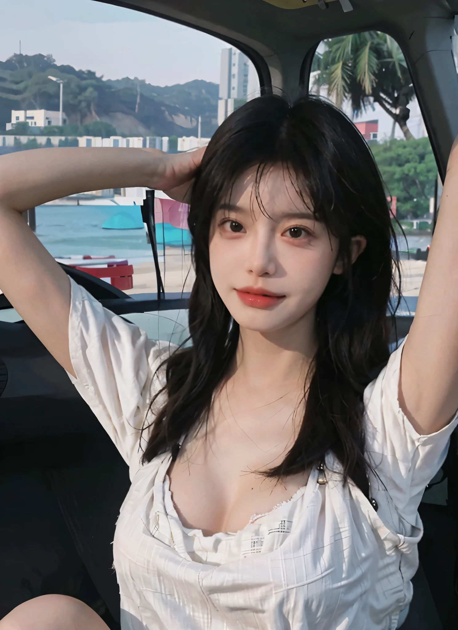 best quality,masterpiece,ultra high resolution,(realistically:1.4),1 girl,Raised sexy,(shirt:1.2),(bra:1.2),(Big cleavage:1.3),(upper part of body:1.4),seaside beach,afternoon