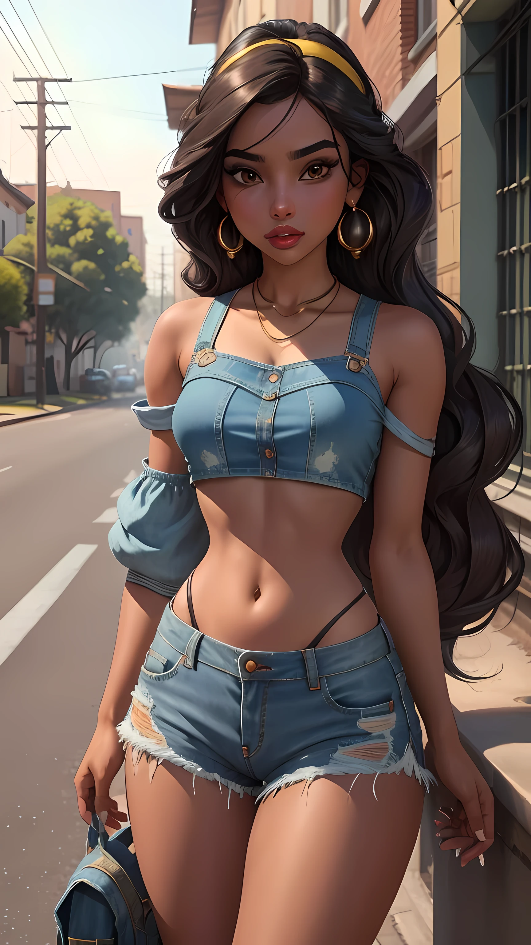 jasmine, 1girl, crop top, denim shorts, street, power lines,, masterpiece, best quality, highly detailed