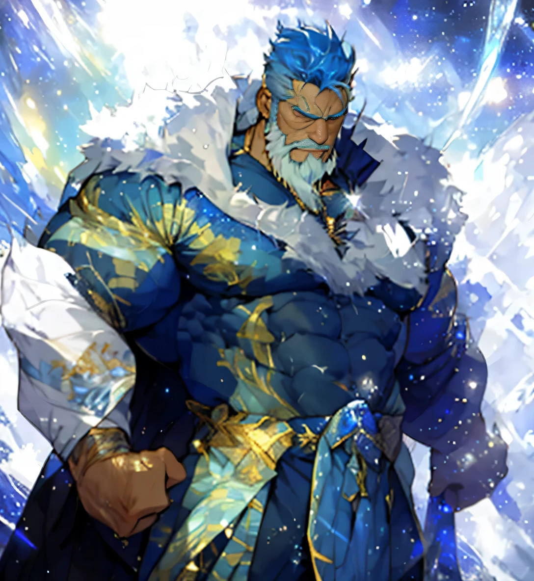 A big one, muscular old man,Fifty-five years old,royal blue tights,gold trim,He exposed his muscular chest,He showed off his great pecs,Energetic,Behind him are the brilliant starry sky and the cold polar regions