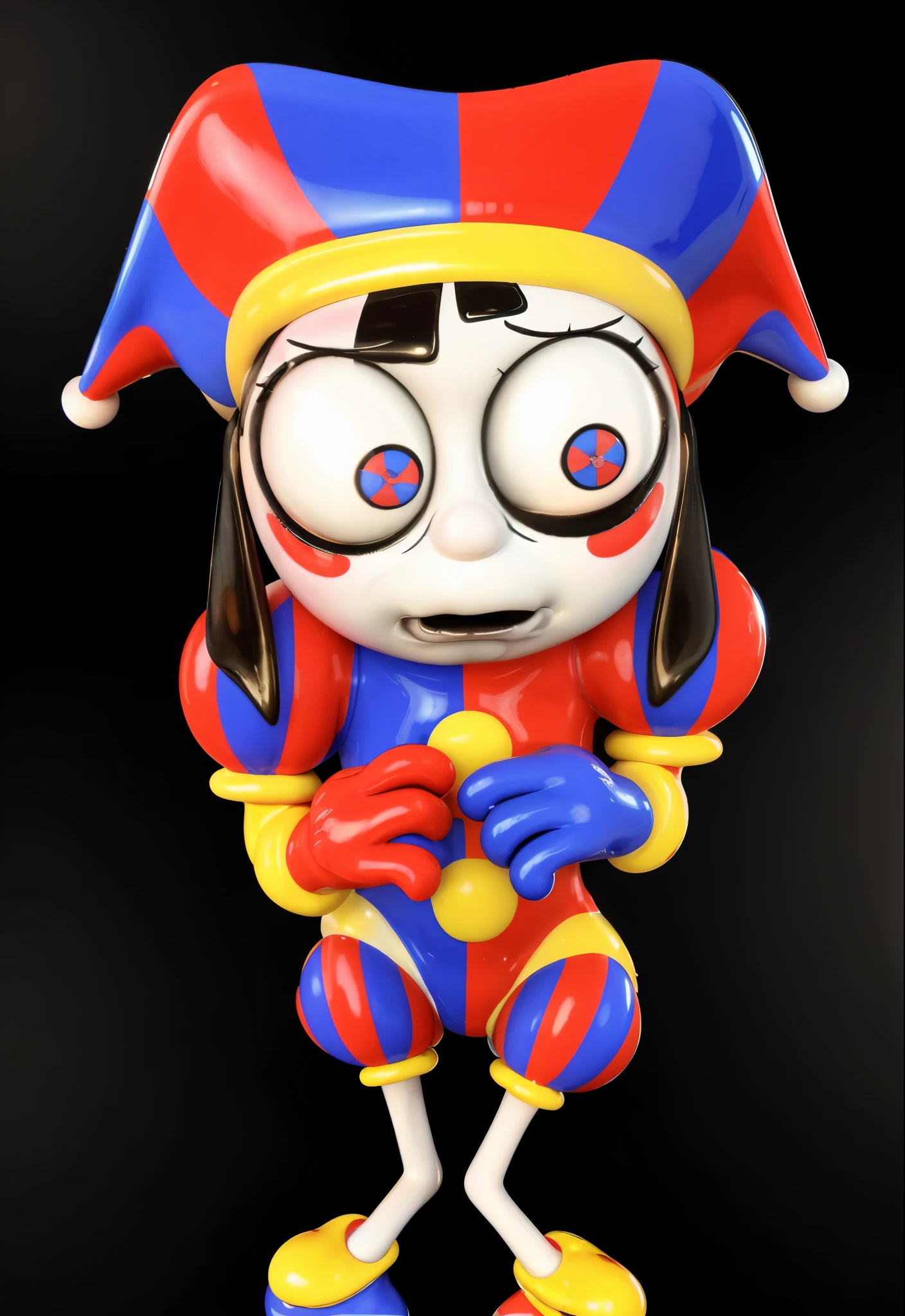 cartoon clown with a sad face and a clown hat, cutecore clowncore, jester, clown girl with white face, creepy clown girl, stylized 3 d, glossy texture, smooth 3d model, chewing body, glossy plastic texture, 4k, realistic, rim light, digital illustration
