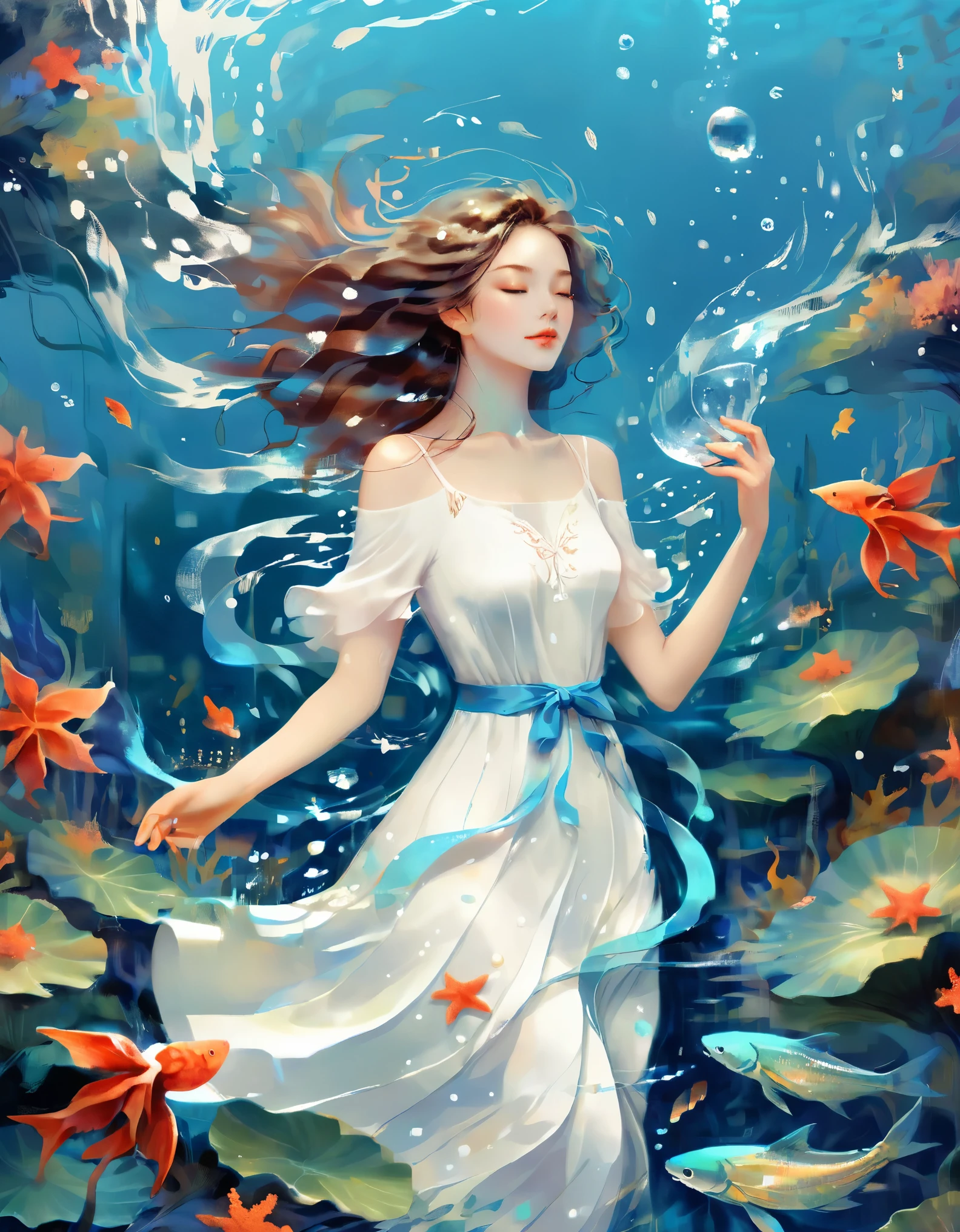 A girl wearing a white dress lay calmly in the blue sea with her eyes closed. The water was shimmering with blue waves. Her skin is sparkling white, featuring Little Red Fish, Starfish, Illustrated Art, Ophelia, Instagram style, young and beautiful Chinese female models, Kawaguchi Skating Rink style, ventilation, Mercury, natural light, data visualization design style, and beautiful details