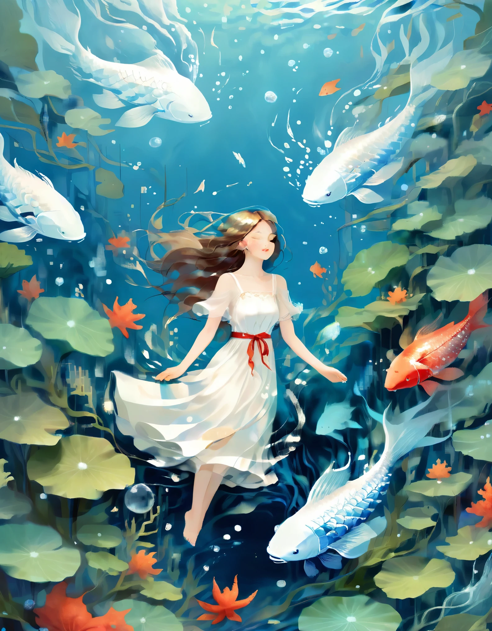 A girl wearing a white dress lay calmly in the blue sea with her eyes closed. The water was shimmering with blue waves. Her skin is sparkling white, featuring Little Red Fish, Starfish, Illustrated Art, Ophelia, Instagram style, young and beautiful Chinese female models, Kawaguchi Skating Rink style, ventilation, Mercury, natural light, data visualization design style, and beautiful details