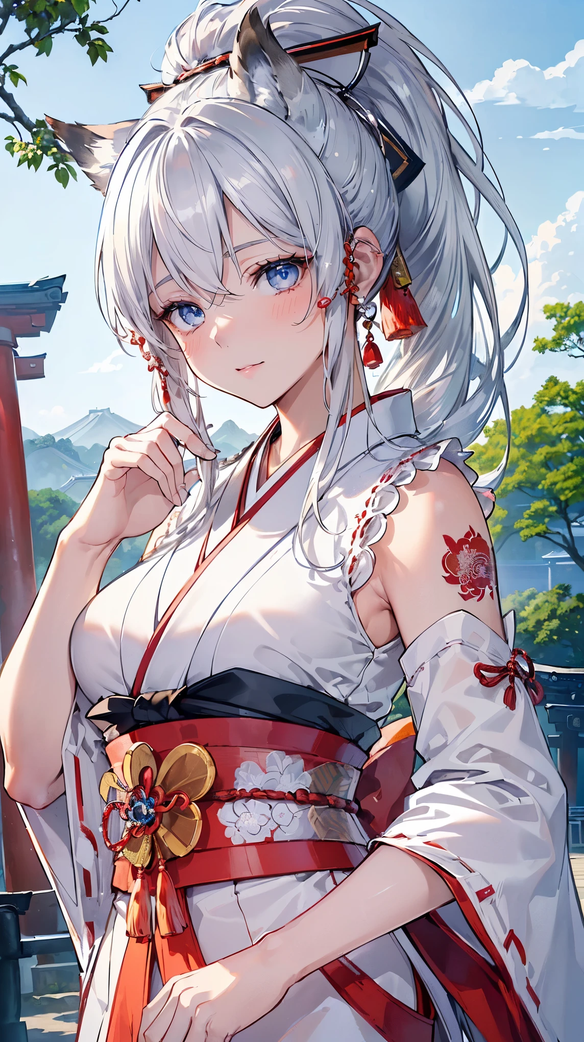 (((Masterpiece))), (((Highest quality))), ((Ultra-detailed)), ((Super fine illustration)), ((Ultra-fine painting)), (16K highest quality wallpaper:1.4), (Upper body:1.6), HDR, (Highly detailed and delicate illustration style:1.8), Detailed skin texture, Detailed cloth texture, Extreme detailed description, (T-masterpiece), (Highly detailed face:1.2), (Highly detailed silver fox ears:1.2), (Highly detailed shiny ponytail:1.2), (Highly detailed beautiful eyes:1.2), (Highly detailed silver nine tails:1.2), Original, RAW photo, Professional, Intricate details, Super details, Direct light:1.6, (Perfect anatomy:1.4), (Highly detailed hands:1.2), (Highly detailed fingers:1.2), (Highly detailed fingertips:1.2), (27-years-old), Real, (Solo:1.6), ((A very beautiful and attractive silver fox fashion model who is a messenger of God and a traditional Japanese sacred shrine maiden:1.4)) BRAKE (Beautiful and adorable silver fox ears:1.6), (Highly detailed and delicate silver fox ears:1.2), (Beautiful and well-shaped big breasts:1.2), (Beautiful and well-shaped buttocks), (Beautiful and shiny silver ponytail:1.6), (Highly detailed and delicate silver ponytail:1.2), (Beautiful clear blue eyes that shine with great detail:1.6), (Highly detailed and delicate blue eyes:1.2), (Highly detailed face:1.4), (Smile:1.3), (Blush:1.2), (Looking at viewer:1.4) BRAKE (Brightly colored and divine traditional shrine maiden costumes at Japanese shrines:1.4), (Japanese divine traditional costume:1.2) BRAKE (Highly detailed and beautiful Ise Grand Shrine in Mie Prefecture just after noon in spring in the background:1.6), Ise Grand Shrine:1.2, Torii gate of Ise Shrine:1.2, Grounds of Ise Shrine:1.2, Highly beautiful in the sunny sky background just after noon:1.2 BRAKE