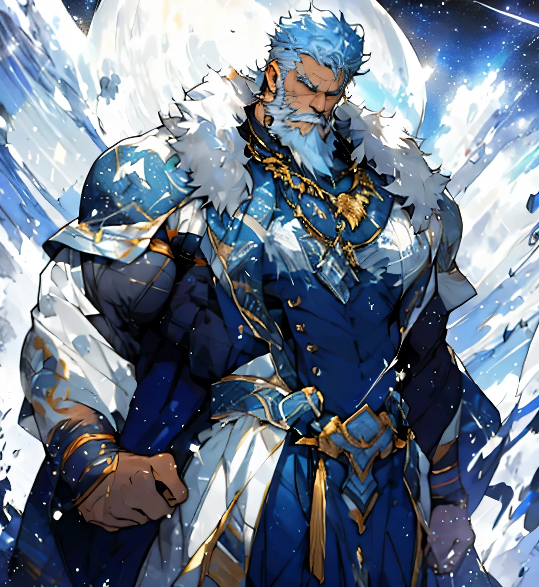 A big one, muscular old man，Fifty-five years old，Gorgeous sapphire blue gown，gold trim，He exposed his muscular chest，He showed off his great pecs，Energetic，Behind him are the brilliant starry sky and the cold polar regions