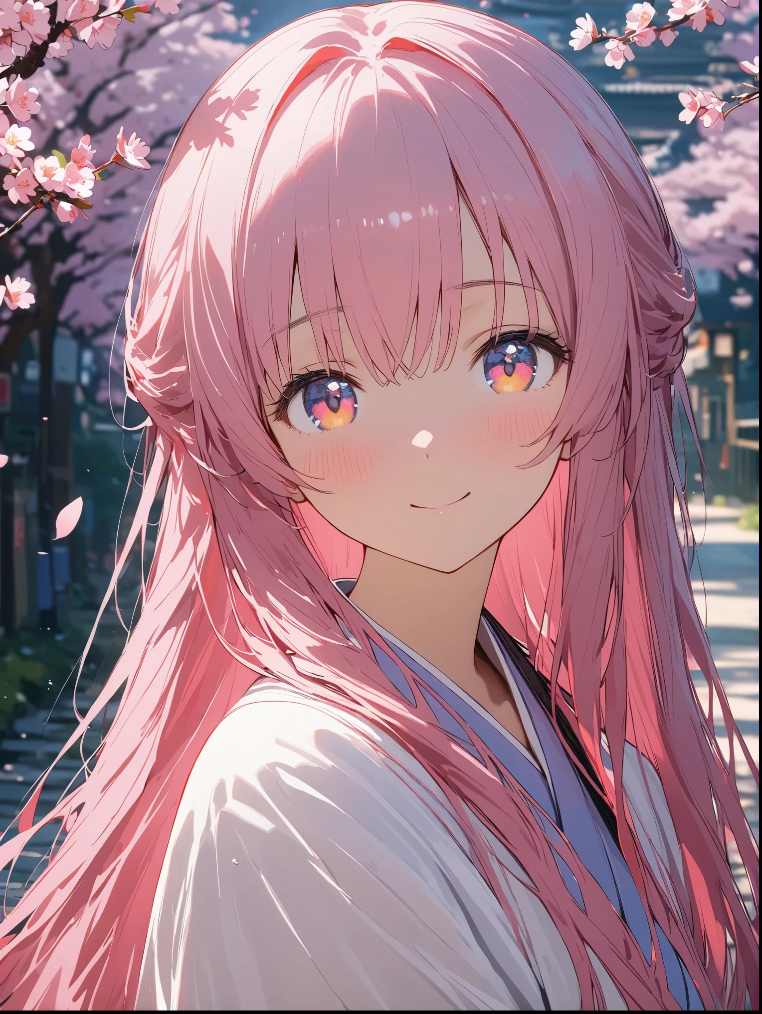 8K resolution, ((highest quality)), ((masterpiece)), ((Super detailed)), (andても繊細で美しい), beautiful girl, alone, gentle expression, 彼女はandても(relax)and(Calm)exterior, pink hair, written boundary depth, bright smile, young look, bright peach-colored eyes, 美しいpink hair, beautiful background, long hair, line drawing, pink kimono, Japan, Japan風, cherry blossomsのように輝く瞳, upper grade, wonderful eyes, cherry blossoms, cherry blossomsの木, cherry blossomsの花が舞っている, Upper body