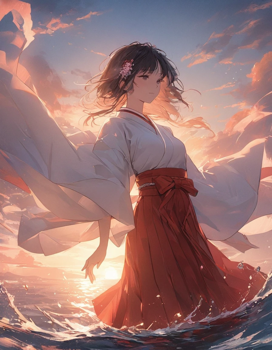 A breathtaking and enchanting Japanese anime illustration of a serene sunset scene, with the sun gently touching the horizon, casting a warm golden glow on the tranquil sea. The sky is filled with a beautiful blend of warm and cool hues, and a few silhouetted clouds add depth to the fading light. A traditional Japanese shrine maiden, adorned in exquisite robes, dances gracefully upon the sea's surface, her movements delicate and ethereal, as though she is one with the water itself. The unique artistic style harmoniously combines traditional Japanese art with modern surrealism, capturing the essence of the moment in a never-before-seen way. The interplay of light and shadow accentuates the maiden's silhouette, evoking a sense of serenity and enchantment. This ultra-high-res, ultra-, cinematic, 1girl, solo, wearing a miko outfit, red hakama skirt, cute girl, 20yo,