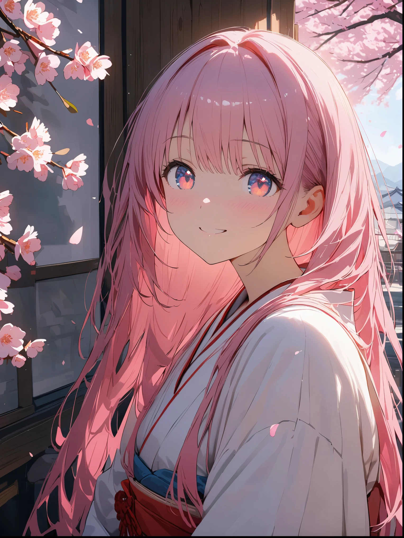 8K resolution, ((highest quality)), ((masterpiece)), ((Super detailed)), (andても繊細で美しい), beautiful girl, alone, gentle expression, 彼女はandても(relax)and(Calm)exterior, pink hair, written boundary depth, bright smile, young look, bright peach-colored eyes, 美しいpink hair, beautiful background, long hair, line drawing, pink kimono, Japan, Japan風, cherry blossomsのように輝く瞳, upper grade, wonderful eyes, cherry blossoms, cherry blossomsの木, cherry blossomsの花が舞っている, Upper body