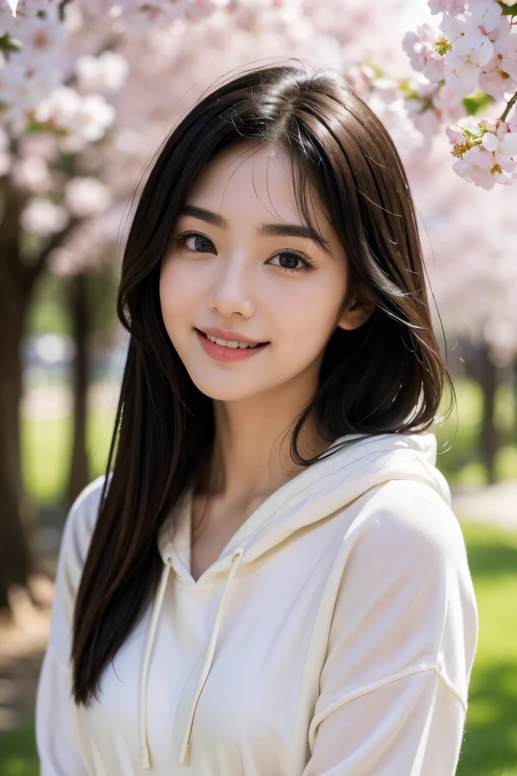 (highest quality,masterpiece:1.3,ultra high resolution),(Super detailed,caustics,8k),(realistic:1.4,RAW shooting),1 girl,(Look at the camera with a smile),20-year-old,、cute,Japanese,long black hair、face focus,Natural light,Lens flare,professional writing,natural eyebrows、thin eyebrows、natural eyebrows、thin eyebrows、bangs、See-through banks、C cup、japanese actress、smile、thin lips、Tokyo trend fashion、perfect anatomy、golden ratio、A natural shadow、natural shadow、sunny place、Cherry blossom trees、hoodie,inner shirt