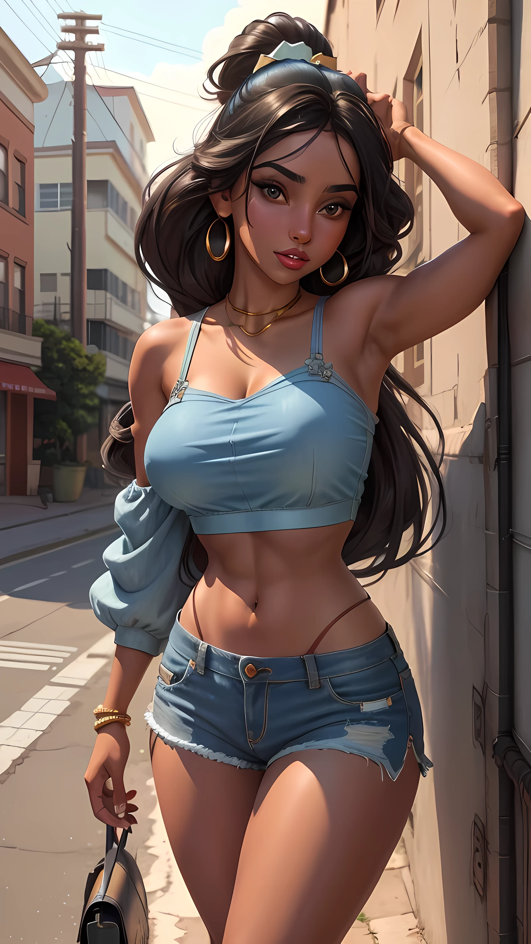 jasmine, 1girl, crop top, denim shorts, street, power lines,, masterpiece, best quality, highly detailed, large breasts
