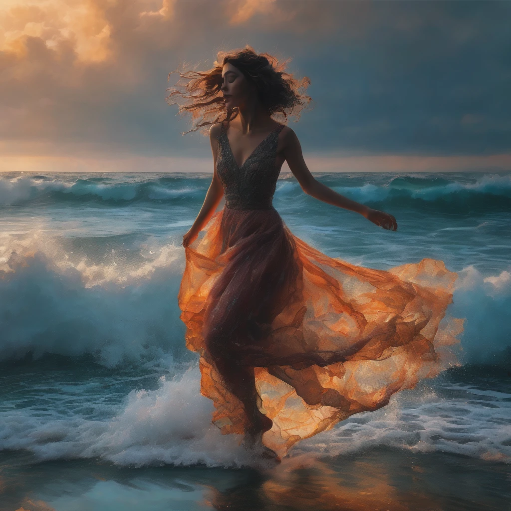 People Dancing on the Sea Surface, aesthetic, extremely detailed, (best quality,4k,8k,highres,masterpiece:1.2),ultra-detailed,(realistic,photorealistic,photo-realistic:1.37),people dancing on the sea surface, Gerald Brom and Zdzisław Beksiński inspired, surrealistic, vibrant colors, dynamic lighting,crashing waves,windswept hair, shimmering water,reflection on the sea,joyful movement,fluid and graceful dance, mesmerizing poses, subtly flowing dresses, captivating expressions, ethereal atmosphere,whimsical and dreamlike scenery, intricate patterns and textures, dramatic contrast, powerful emotions, fascinating interaction with the sea,fantastical elements blending with reality