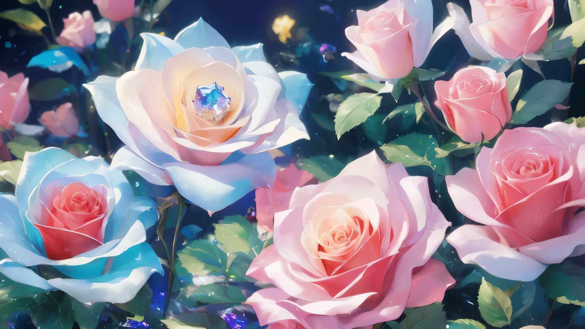 Crystal fantasy, Rose, full color, toes up, Countless crystal feathers flutter in the air, fantasy, galaxy, transparent, Shallow depth of field, jade background blur, Glittering, Glittering, amazing, rich and colorful, amazing photography, dramatic lighting, photorealism, Ultra-detailed, 4K, Every time, 高解析Every time