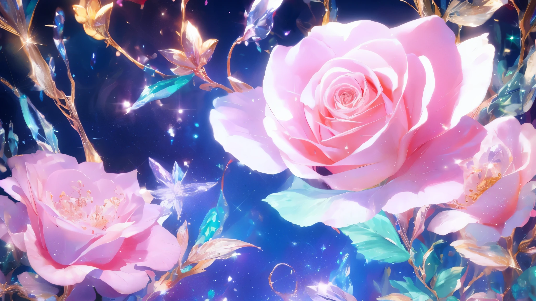 Crystal fantasy, Rose, full color, toes up, Countless crystal feathers flutter in the air, fantasy, galaxy, transparent, Shallow depth of field, jade background blur, Glittering, Glittering, amazing, rich and colorful, amazing photography, dramatic lighting, photorealism, Ultra-detailed, 4K, Every time, 高解析Every time