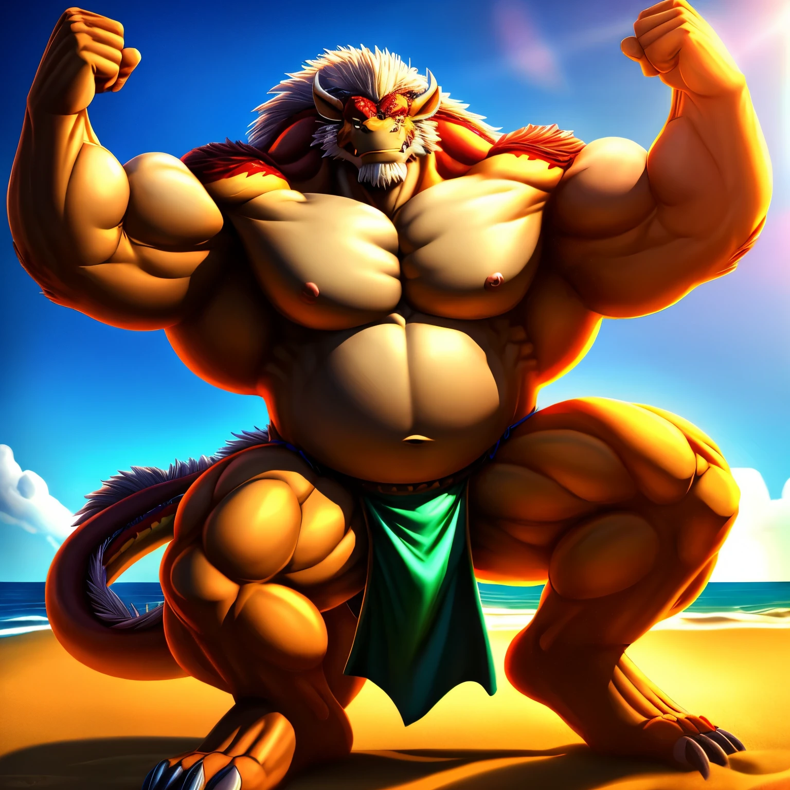  kaido,  eastern dragon king, male dragon, eastern dragon, very big muscles, hulking,  extremely strong, big abdominal muscles, hefty musclegut, pecs, muscular dad body,  Strong and robust musclegut , strong abs, sharp  claws, dragon feet claw, full body, loincloth, one piece, HDR,  nipples, sunlight, daylight, outdoor, bright , sunshine, at noon, fighting pose, good weather,  on sea beach, 8k, best quality .