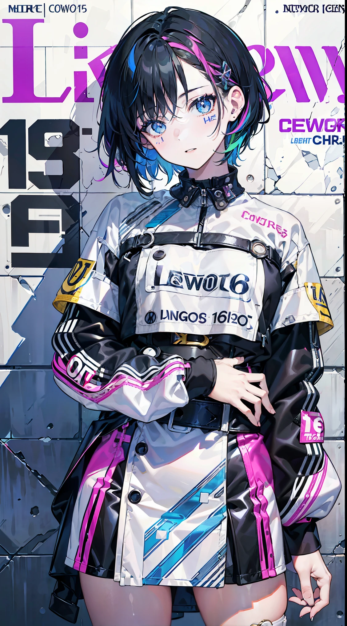  ((mixed colors hair)), bright lighting, masterpiece,1girll, ((short hair)), ((-yeld fee model)), (((cowboy shot)) 2D,  detailed eyes, ((Text)), tile,  cover, bold, attention-grabbing, title, stylish, ((font)), catchy, headline, beautiful eyes, eyes focus, detailed hands, ((better fingers)), 