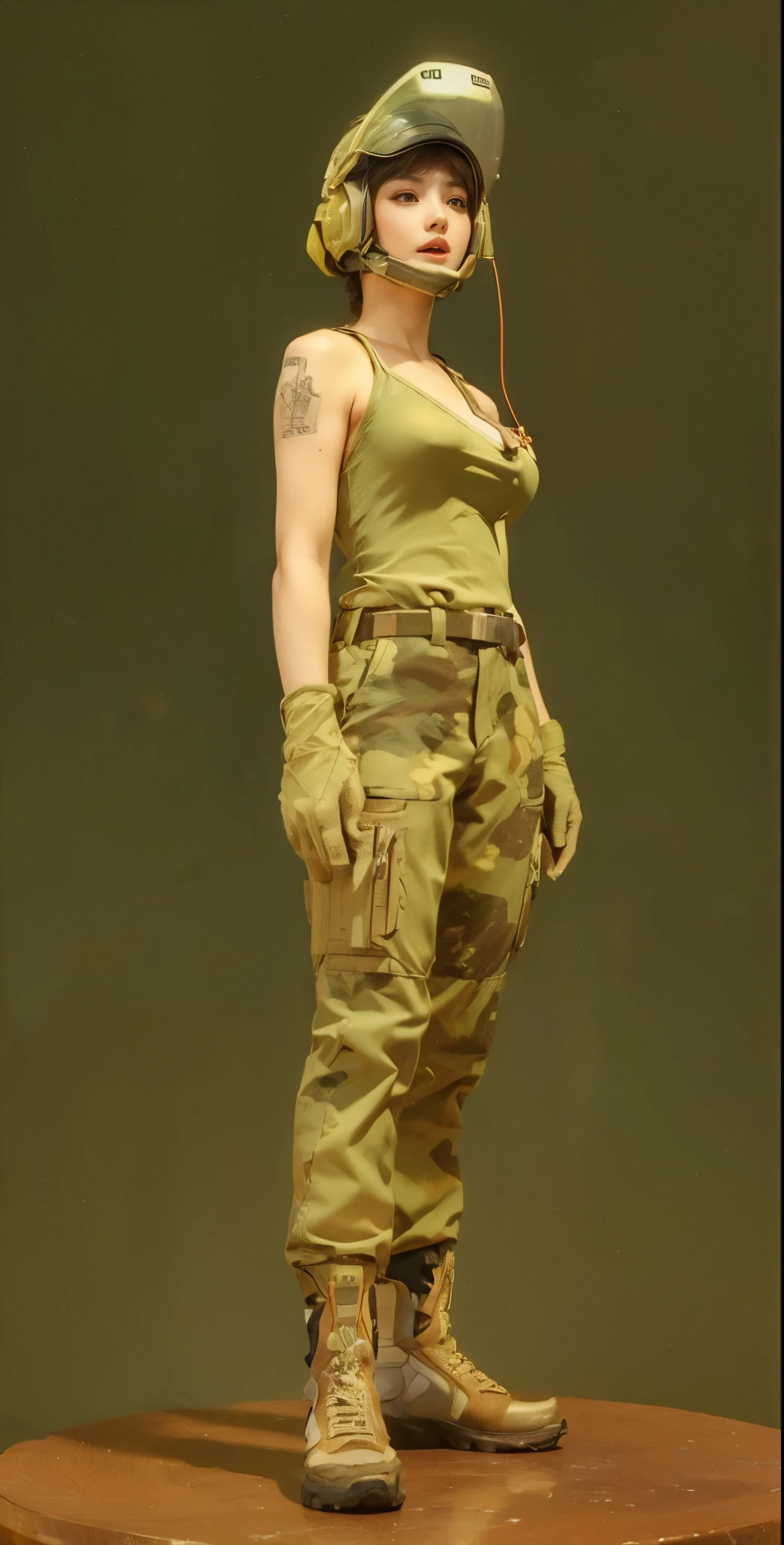 (realistic,photorealistic:1.37),(Super detailed), (Professional),(sharp focus), (Bright colors), (Bokeh),(portrait), (skin texture:1.1), (gun:1.1)、helmet with night vision scope