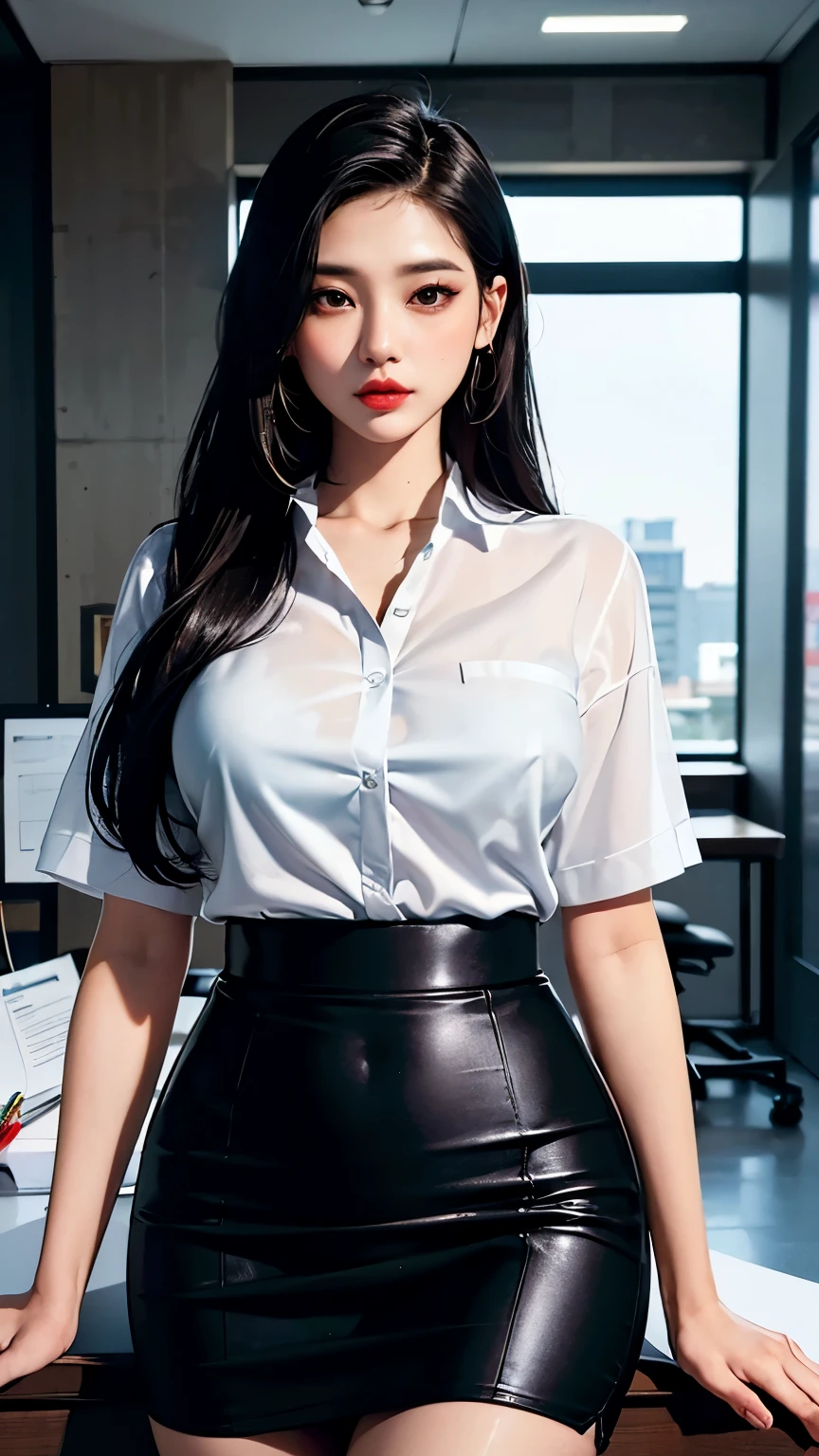 8k, ultra-detailed, high-quality, beautiful office woman, slender figure, elegant office clothes, office siren look, dark black long hair in clip, siren seductive eyes, red lipstick, smokey eye korean makeup, dainty jewellery, in the office, white short sleeve shirt, black high waisted pencil skirt, dotted nylons