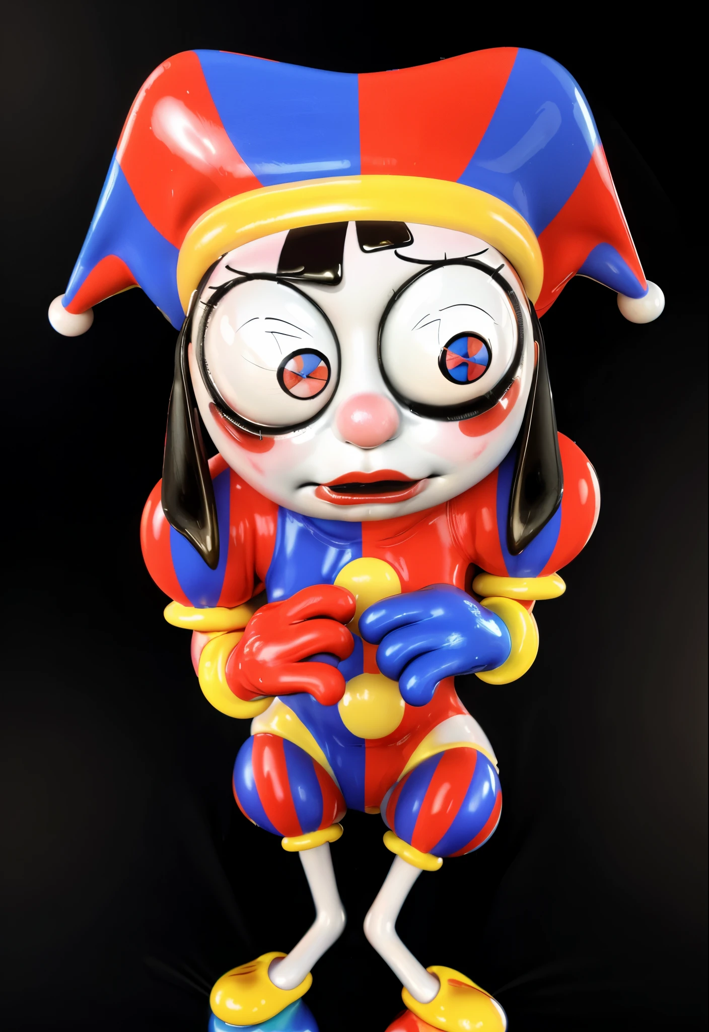 cartoon clown with a sad face and a clown hat, cutecore clowncore, jester, clown girl with white face, creepy clown girl, stylized 3 d, glossy texture, smooth 3d model, chewing body, glossy plastic texture, 4k, realistic, rim light, digital illustration
