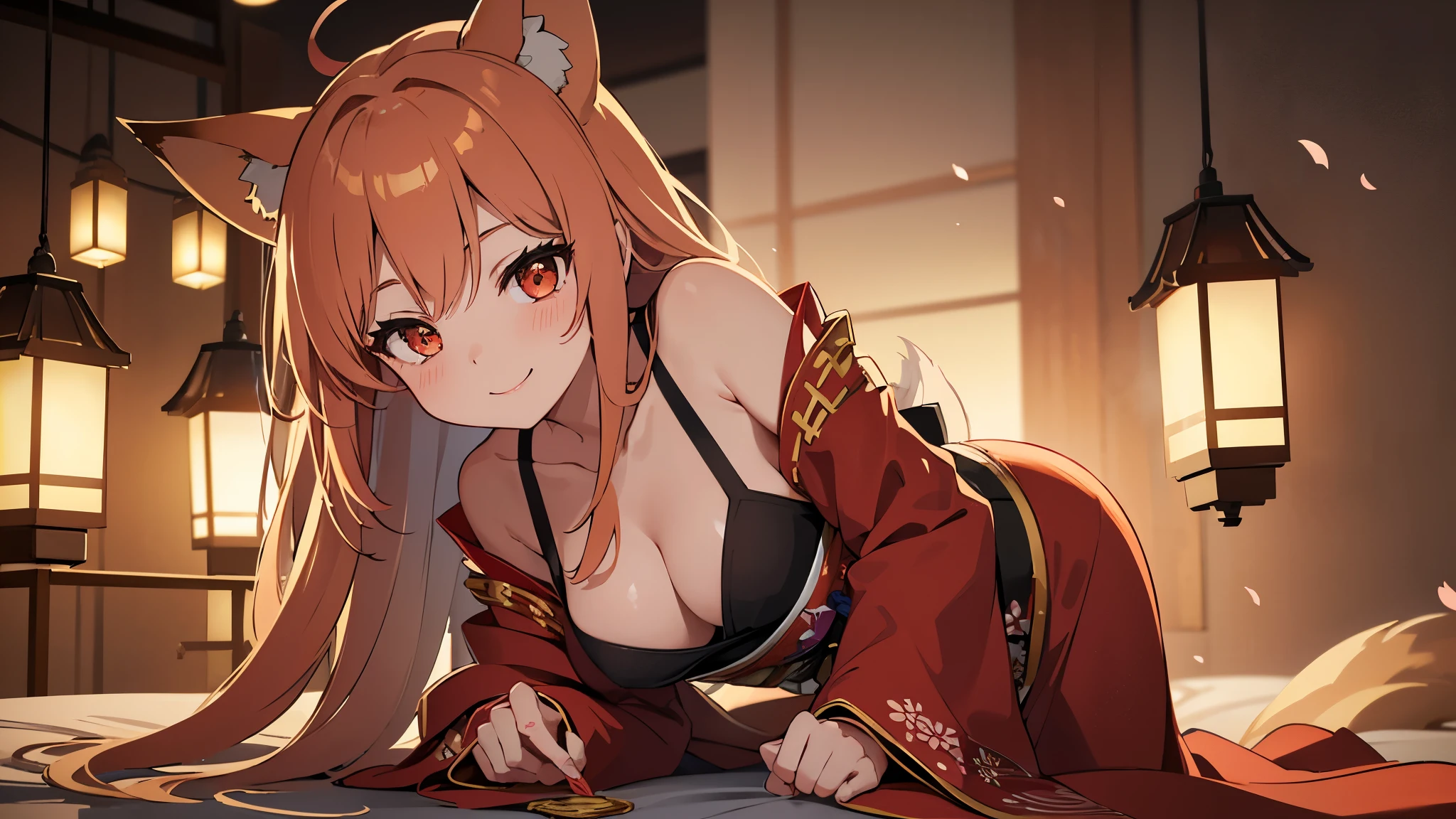 (a cute vixen with fox ears,red:1.1,beautiful detailed figure,blushing:1.1,smiling:1.1,red aura:1.1),traditional Japanese clothes(mini kimono,loose sleeves:1.1),nine tails,standing in a dark room, dimly lit with a single source of light,soft shadows,silent ambiance,illuminating the vixen's face and clothing,creating a mysterious atmosphere,strong contrast between light and shadow,subtle highlights on the vixen's shiny hair,eyes sparkling with curiosity and playfulness,soft lighting emphasizing her delicate features,detailed folds and patterns on her clothing,exquisite floral embroidery on the kimono,traditional Japanese patterns on the obi,faint scent of cherry blossoms in the air,cozy warmth emanating from the lanterns,subtle reflections on the polished wooden floor,whispering echoes in the background,translucent paper screens casting gentle shadows,sensational colors blending harmoniously,subtle shades of red and gold creating an elegant oriental palette