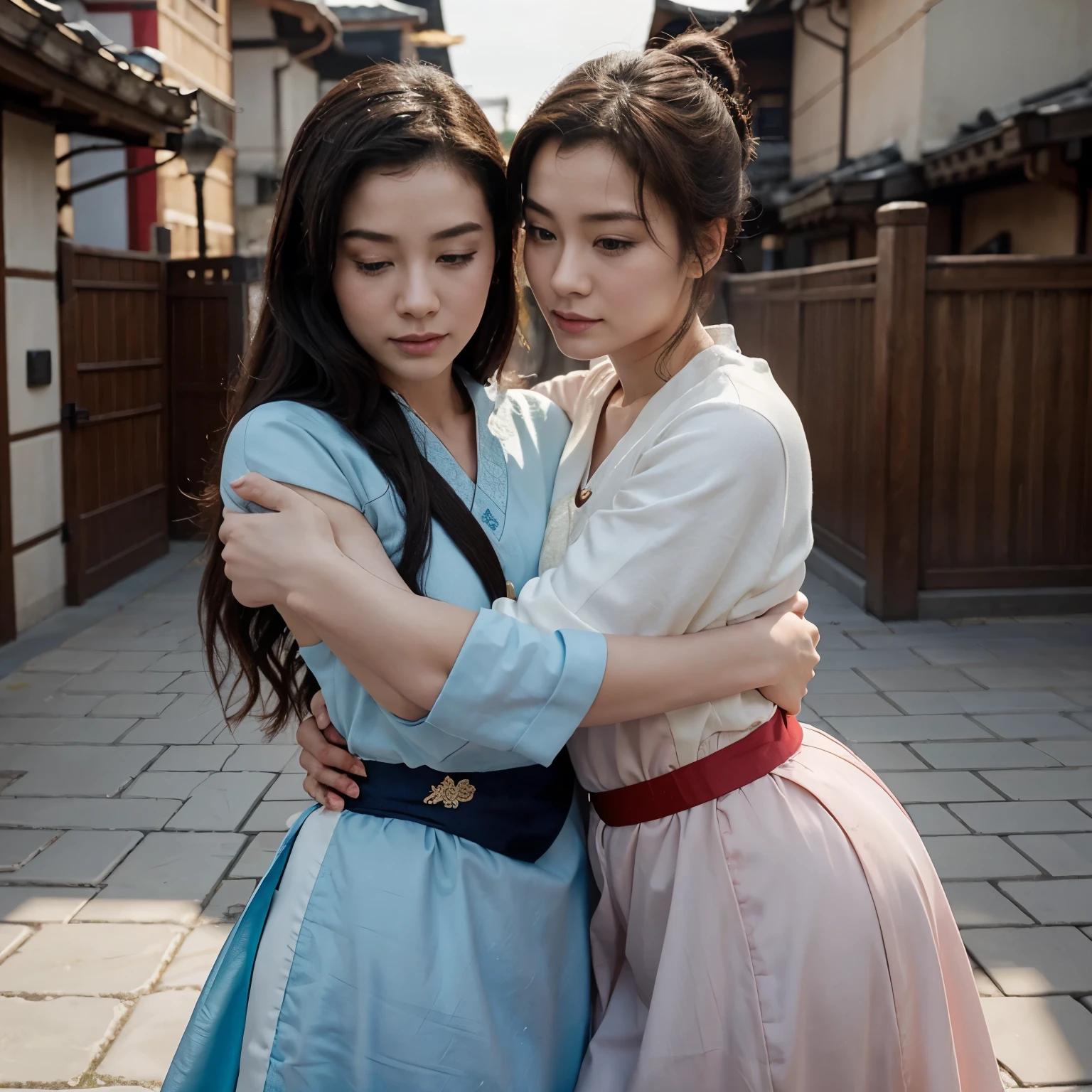 Create an image of Mulan and Belle hugging each other