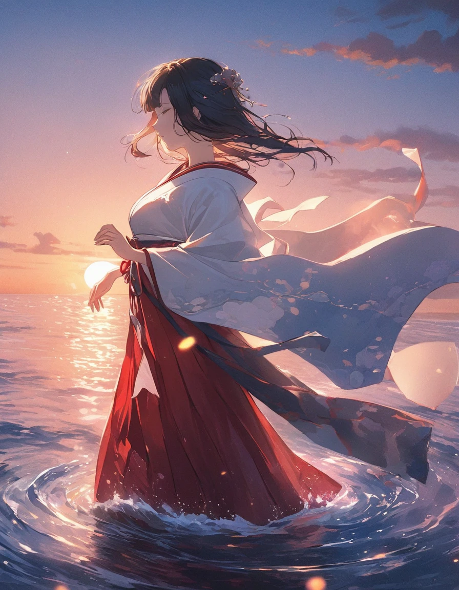 A breathtaking and enchanting Japanese anime illustration of a serene sunset scene, with the sun gently touching the horizon, casting a warm golden glow on the tranquil sea. The sky is filled with a beautiful blend of warm and cool hues, and a few silhouetted clouds add depth to the fading light. A traditional Japanese shrine maiden, adorned in exquisite robes, dances gracefully upon the sea's surface, her movements delicate and ethereal, as though she is one with the water itself. The unique artistic style harmoniously combines traditional Japanese art with modern surrealism, capturing the essence of the moment in a never-before-seen way. The interplay of light and shadow accentuates the maiden's silhouette, evoking a sense of serenity and enchantment. This ultra-high-res, ultra-, cinematic, 1girl, solo, wearing a miko outfit, red hakama skirt, cute girl, 20yo, dusk, dancing on water, on water, disk, blue hour, 