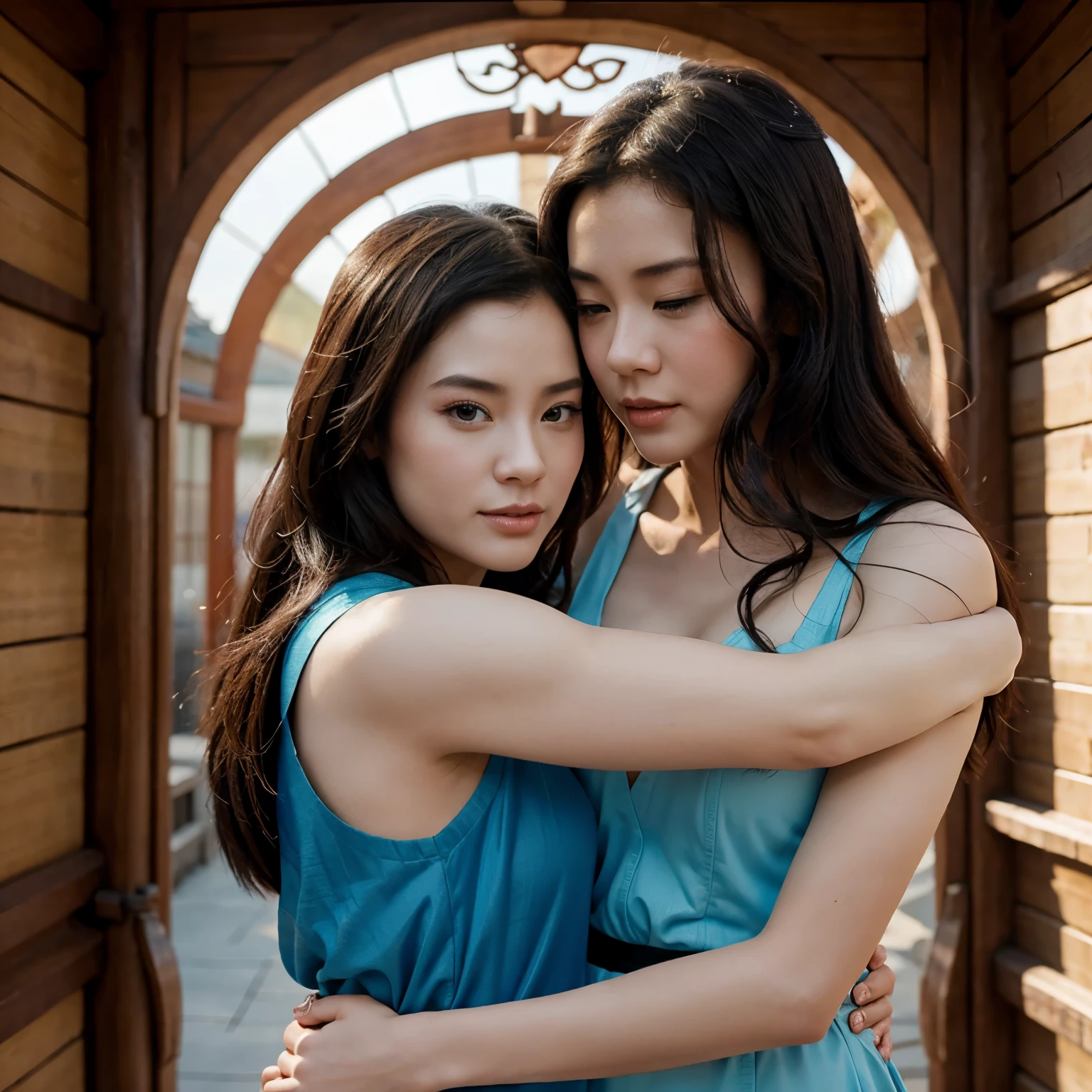 Create an image of Mulan and Belle hugging each other