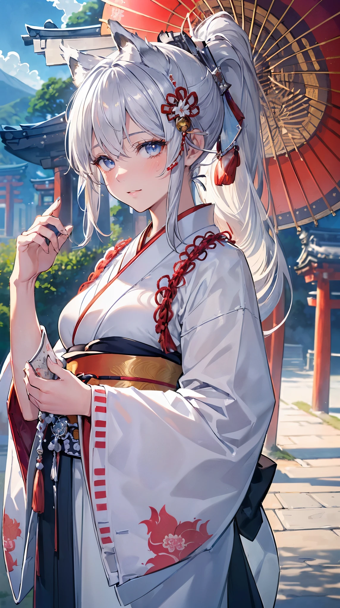 (((Masterpiece))), (((Highest quality))), ((Ultra-detailed)), ((Super fine illustration)), ((Ultra-fine painting)), (16K highest quality wallpaper:1.4), (Upper body:1.6), HDR, (Highly detailed and delicate illustration style:1.8), Detailed skin texture, Detailed cloth texture, Extreme detailed description, (T-masterpiece), (Highly detailed face:1.2), (Highly detailed silver fox ears:1.2), (Highly detailed shiny ponytail:1.2), (Highly detailed beautiful eyes:1.2), (Highly detailed silver nine tails:1.2), Original, RAW photo, Professional, Intricate details, Super details, Direct light:1.6, (Perfect anatomy:1.4), (Highly detailed hands:1.2), (Highly detailed fingers:1.2), (Highly detailed fingertips:1.2), (27-years-old), Real, (Solo:1.6), ((A very beautiful and attractive silver fox fashion model who is a messenger of God and a traditional Japanese sacred shrine maiden:1.4)) BRAKE (Beautiful and adorable silver fox ears:1.6), (Highly detailed and delicate silver fox ears:1.2), (Beautiful and well-shaped big breasts:1.2), (Beautiful and well-shaped buttocks), (Beautiful and shiny silver ponytail:1.6), (Highly detailed and delicate silver ponytail:1.2), (Beautiful clear blue eyes that shine with great detail:1.6), (Highly detailed and delicate blue eyes:1.2), (Highly detailed face:1.4), (Smile:1.3), (Blush:1.2), (Looking at viewer:1.4) BRAKE (Brightly colored and divine traditional shrine maiden costumes at Japanese shrines:1.4), (Japanese divine traditional costume:1.2) BRAKE (Highly detailed and beautiful Ise Grand Shrine in Mie Prefecture just after noon in spring in the background:1.6), Ise Grand Shrine:1.2, Torii gate of Ise Shrine:1.2,  Grounds of Ise Shrine:1.2, Highly beautiful in the sunny sky background just after noon:1.2 BRAKE 