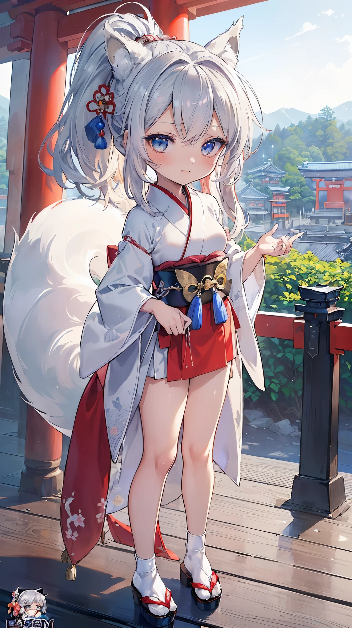(((Masterpiece))), (((Highest quality))), ((Ultra-detailed)), ((Super fine illustration)), ((Ultra-fine painting)), (16K highest quality wallpaper:1.4), (Chibi:2.0), (Full body:1.6), HDR, (Highly detailed and delicate illustration style:1.8), Detailed skin texture, Detailed cloth texture, Extreme detailed description, (T-masterpiece), (Highly detailed face:1.2), (Highly detailed silver fox ears:1.2), (Highly detailed shiny ponytail:1.2), (Highly detailed beautiful eyes:1.2), (Highly detailed silver nine tails:1.2), Original, RAW photo, Professional, Intricate details, Super details, Direct light:1.6, (Perfect anatomy:1.4), (Highly detailed hands:1.2), (Highly detailed fingers:1.2), (Highly detailed fingertips:1.2), (27-years-old), Real, (Solo:1.6), ((A very beautiful and attractive silver fox fashion model who is a messenger of God and a traditional Japanese sacred shrine maiden:1.4)) BRAKE (Beautiful and adorable silver fox ears:1.6), (Highly detailed and delicate silver fox ears:1.2), (Beautiful and well-shaped big breasts:1.2), (Beautiful and well-shaped buttocks), (Beautiful and shiny silver ponytail:1.6), (Highly detailed and delicate silver ponytail:1.2), (Beautiful clear blue eyes that shine with great detail:1.6), (Highly detailed and delicate blue eyes:1.2), (Highly detailed face:1.4), (Smile:1.3), (Blush:1.2), (Looking at viewer:1.4) BRAKE (Brightly colored and divine traditional shrine maiden costumes at Japanese shrines:1.4), (Japanese divine traditional costume:1.2) BRAKE (Highly detailed and beautiful Ise Grand Shrine in Mie Prefecture just after noon in spring in the background:1.6), Ise Grand Shrine:1.2, Torii gate of Ise Shrine:1.2, Grounds of Ise Shrine:1.2, Highly beautiful in the sunny sky background just after noon:1.2 BRAKE
