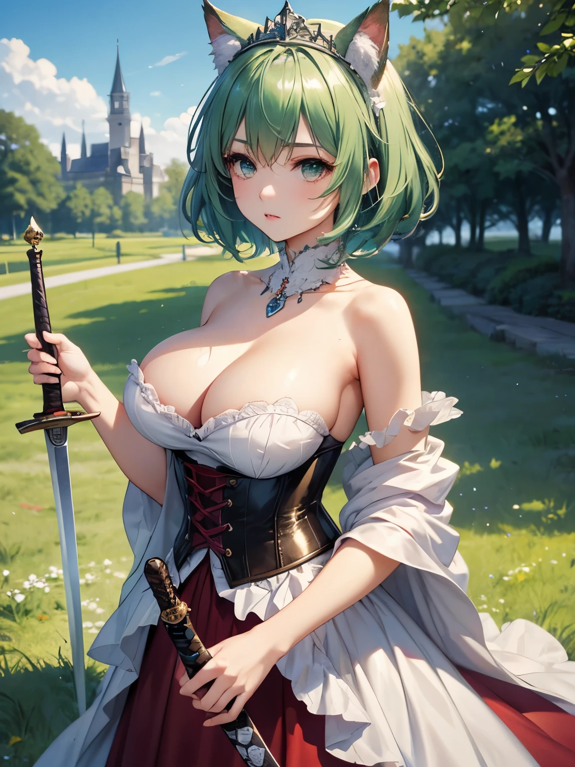 highest quality,wonderful,masterpiece,delicate,ultra high resolution,Super detailed,intricate details,beautiful,8K resolution,(Highly detailed CG Unity 8K wallpaper),sharp focus、anime、fiction、one woman、dark green hair girl 、Metallic colored hair、short hair、Cat ear、big breasts、vivid hair、shaggy hair、messy hair、vivid skin、Glossy skin、 face、ta、short、cute、beautiful eyes、serious expression、serious、cool、princess、cute柄のドレス、red dress、long skirt、tiara、corset、Holding a big sword、hold a large sword、sword,outside the city、noon、sun、sunny、outdoor、grassland、castle in the background、luxury ring、Luxury accessories