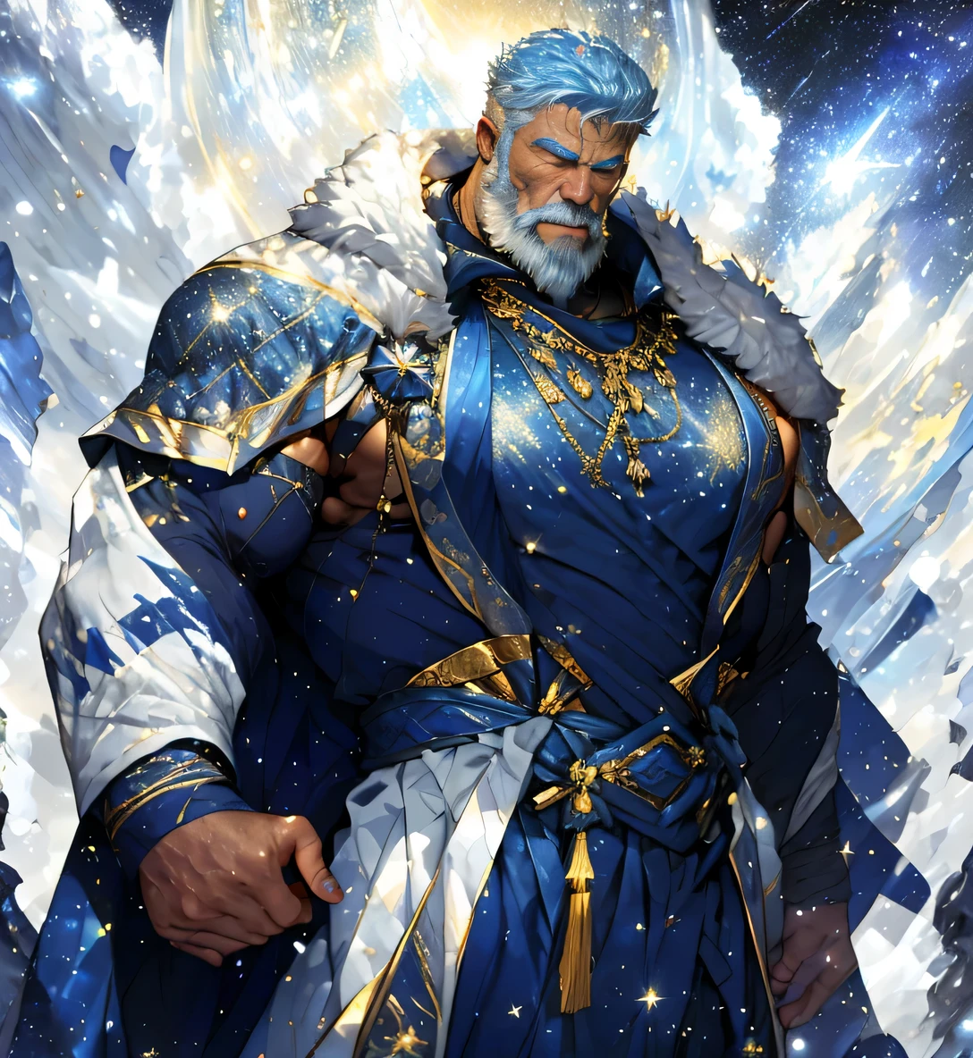 A big one, muscular old man，Fifty-five years old，Gorgeous sapphire blue gown，gold trim，He exposed his muscular chest，He showed off his great pecs，Energetic，Behind him are the brilliant starry sky and the cold polar regions