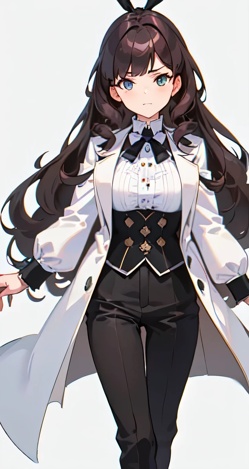 masterpiece, (((highest quality)))), ((super detailed)), ((illustration)),
(((simple_background))),
1girl, (((large_breasts))), brown_hair, (long_hair), (((wavy_hair))), (((fluffy hair))), dark_blue_eyes, clavicle, whit_suitcoat, [smug], frown, dangerous, poisonous, looking_at_viewer, full_body
(Alice_in_wonderland, long_sleeves, 1), black_short_pants, black_hair_ribbon, victorian)