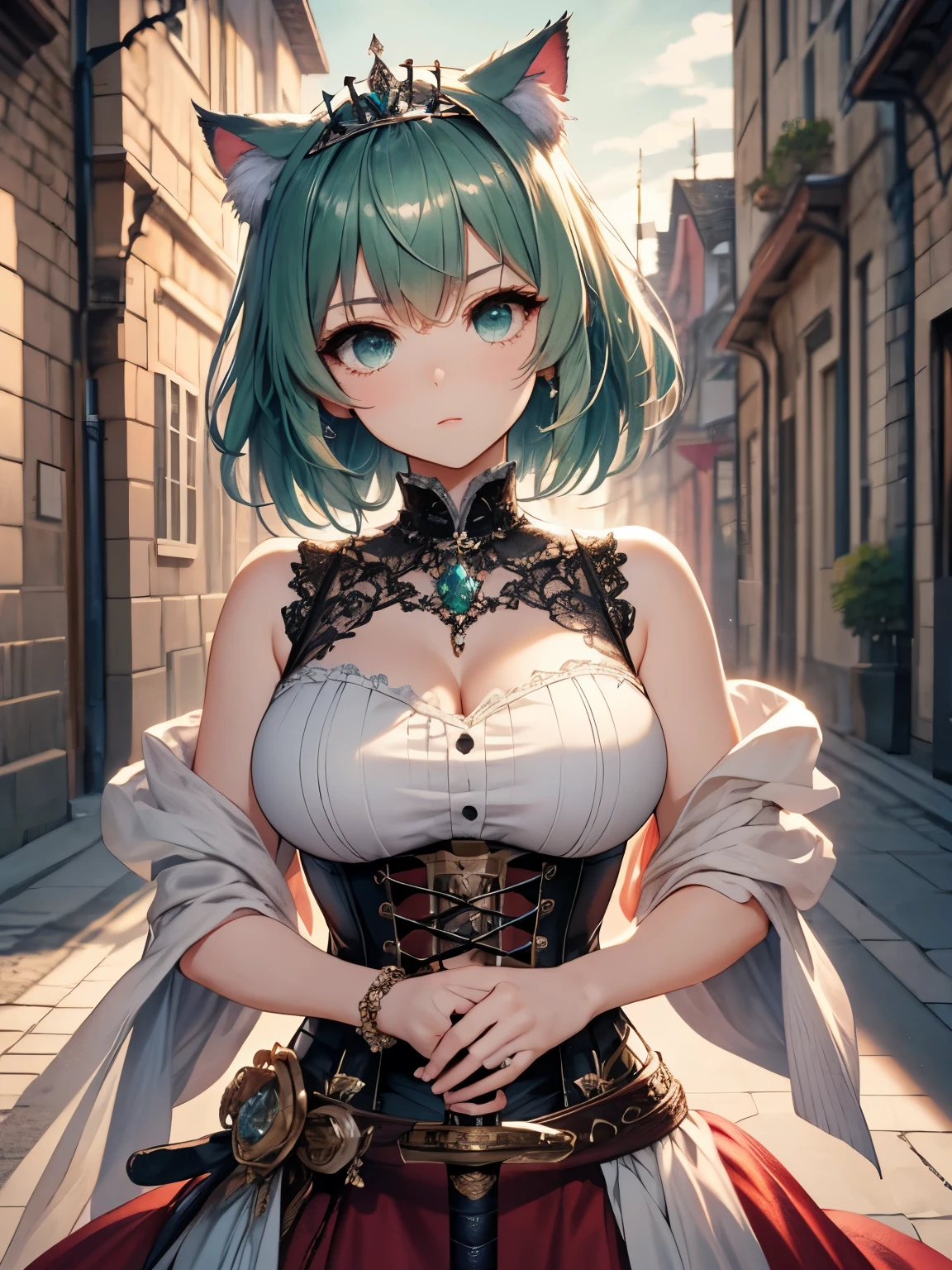 highest quality,wonderful,masterpiece,delicate,ultra high resolution,Super detailed,intricate details,beautiful,8K resolution,(Highly detailed CG Unity 8K wallpaper),sharp focus、anime、fiction、one woman、dark green hair girl 、Metallic colored hair、short hair、Cat ear、big breasts、vivid hair、shaggy hair、messy hair、vivid skin、Glossy skin、  face、lolita、short、cute、beautiful eyes、serious expression、serious、cool、princess、cute柄のドレス、red dress、long skirt、tiara、corset、Holding a big sword、hold a large sword、sword,outside the city、noon、sun、sunny、outdoor、castle in the background、luxury ring、Luxury accessories