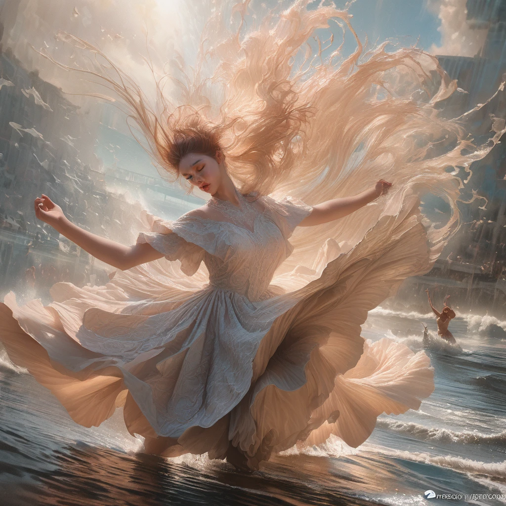 People Dancing on the Sea Surface, aesthetic, extremely detailed, (best quality,4k,8k,highres,masterpiece:1.2),ultra-detailed,(realistic,photorealistic,photo-realistic:1.37),people dancing on the sea surface, Gerald Brom and Zdzisław Beksiński inspired, surrealistic, vibrant colors, dynamic lighting,crashing waves,windswept hair, shimmering water,reflection on the sea,joyful movement,fluid and graceful dance, mesmerizing poses, subtly flowing dresses, captivating expressions, ethereal atmosphere,whimsical and dreamlike scenery, intricate patterns and textures, dramatic contrast, powerful emotions, fascinating interaction with the sea,fantastical elements blending with reality