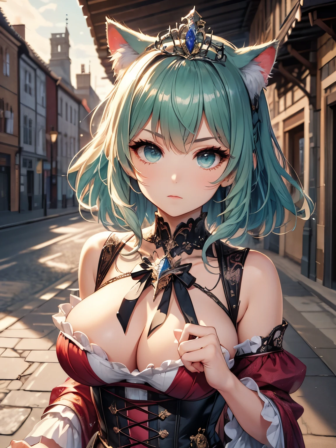 highest quality,wonderful,masterpiece,delicate,ultra high resolution,Super detailed,intricate details,beautiful,8K resolution,(Highly detailed CG Unity 8K wallpaper),sharp focus、anime、fiction、one woman、dark green hair girl 、Metallic colored hair、short hair、Cat ear、big breasts、vivid hair、shaggy hair、messy hair、vivid skin、Glossy skin、 face、ta、short、cute、beautiful eyes、serious expression、serious、cool、princess、cute柄のドレス、red dress、long skirt、tiara、corset、Holding a big sword、hold a large sword、sword,outside the city、noon、sun、sunny、outdoor、castle in the background、luxury ring、Luxury accessories