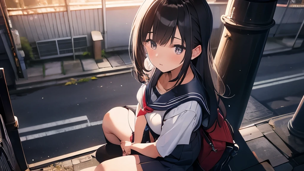 18 year old female、sitting near a telephone pole、chest is big、high school girl、Sarah uniform、night、From above。It's dark outside
