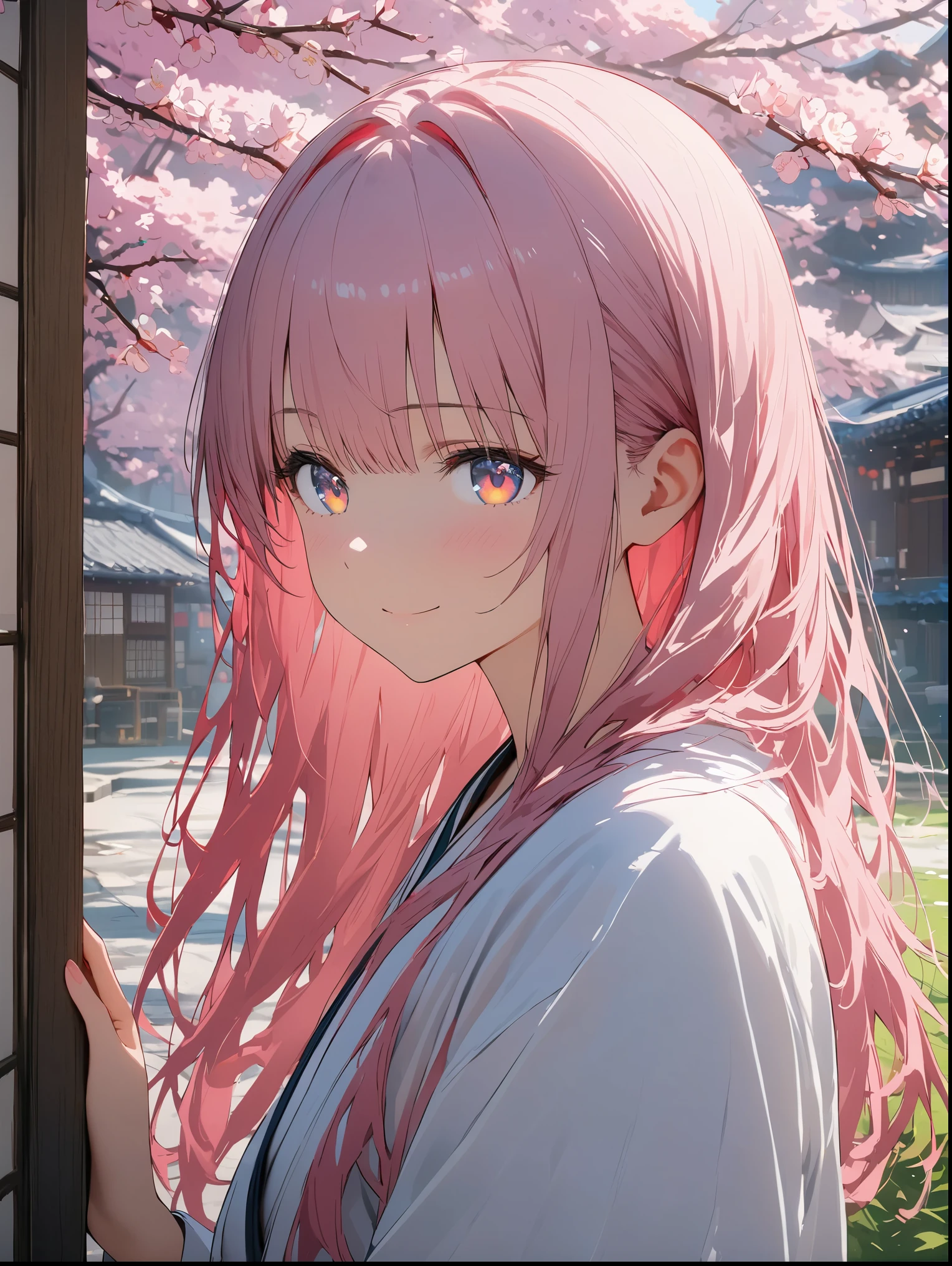 8K resolution, ((highest quality)), ((masterpiece)), ((Super detailed)), (andても繊細で美しい), beautiful girl, alone, gentle expression, 彼女はandても(relax)and(Calm)exterior, pink hair, written boundary depth, bright smile, young look, bright peach-colored eyes, 美しいpink hair, beautiful background, long hair, line drawing, pink kimono, Japan, Japan風, cherry blossomsのように輝く瞳, upper grade, wonderful eyes, cherry blossoms, cherry blossomsの木, cherry blossomsの花が舞っている, Upper body