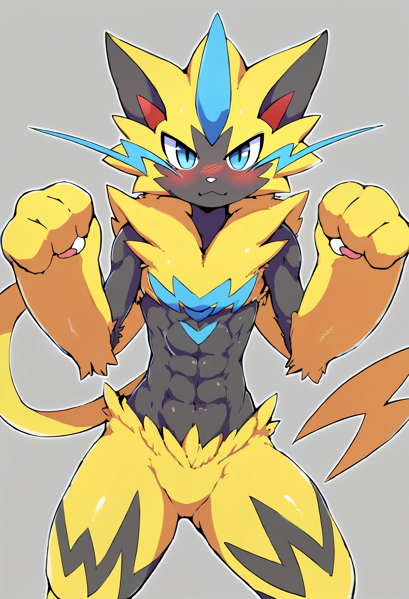  anime style character design of zeraora of the pokemon,paw pose,blush,embrassed,drawn in the style of Akira Toriyama, animated in the style of Toei animation studio,nsfw,erection,bollock,cum,semen