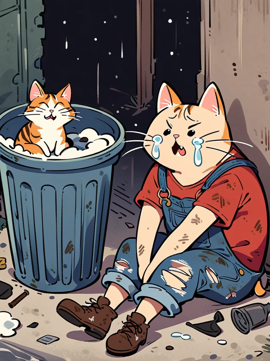 cartoon illustration，simple，rainstorm，Depicting an anthropomorphic cat，solo，Dirty，eyes dull，Listless，Malaise，decadent，crying emoticon，Loose ripped denim ripped overalls overalls，red linen shirt，Tattered leather shoes，There is a big bag next to you，Sitting next to the trash can on a dirty street corner，Many broken wine bottles around，Dirty environment，correct human anatomy